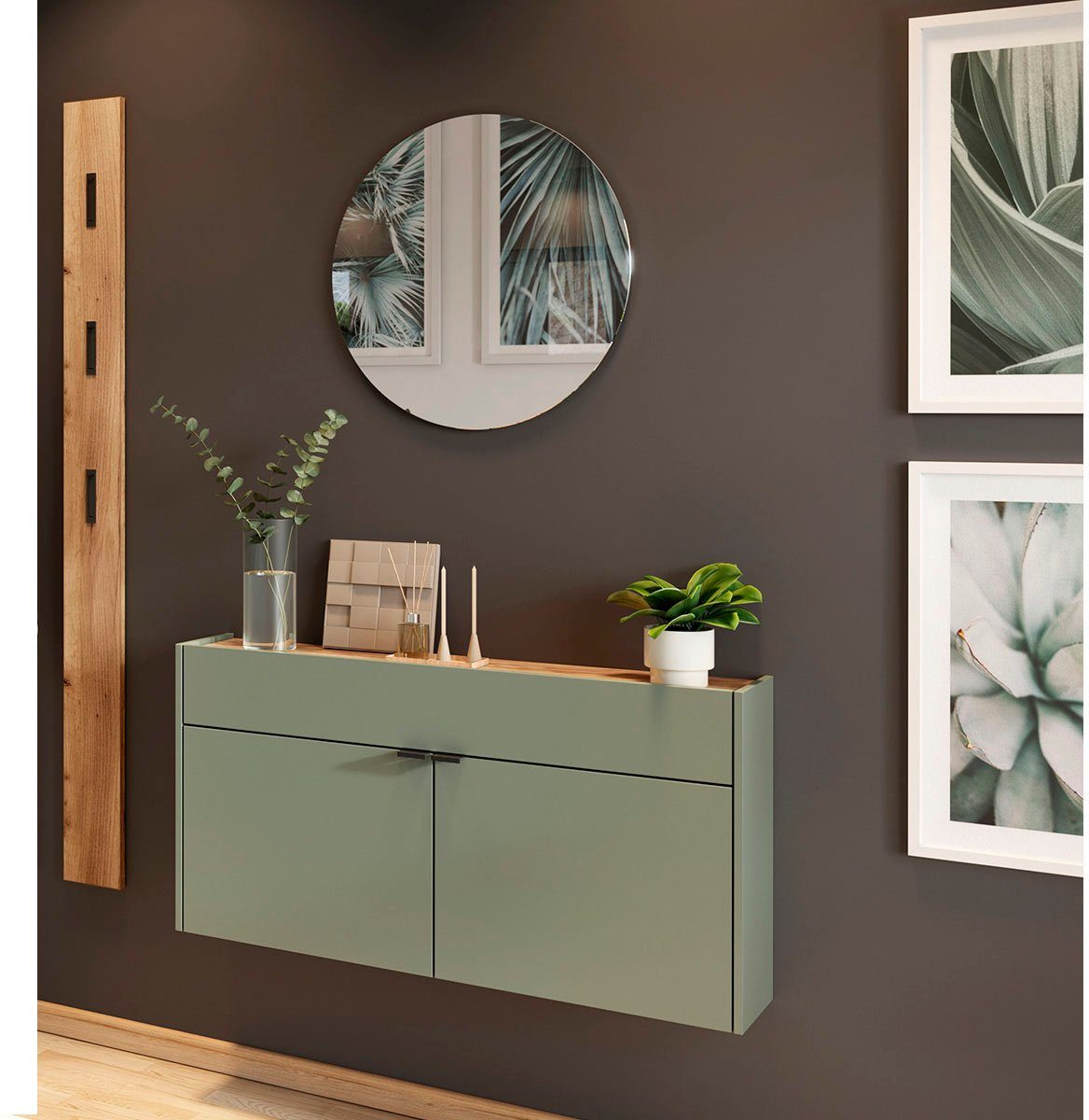 Spiegel mit Garderobenpaneel, Garderoben-Set Mehrzweckschrank, Tiefe und (Set, Ameca, GERMANIA grün 3-St), geringe