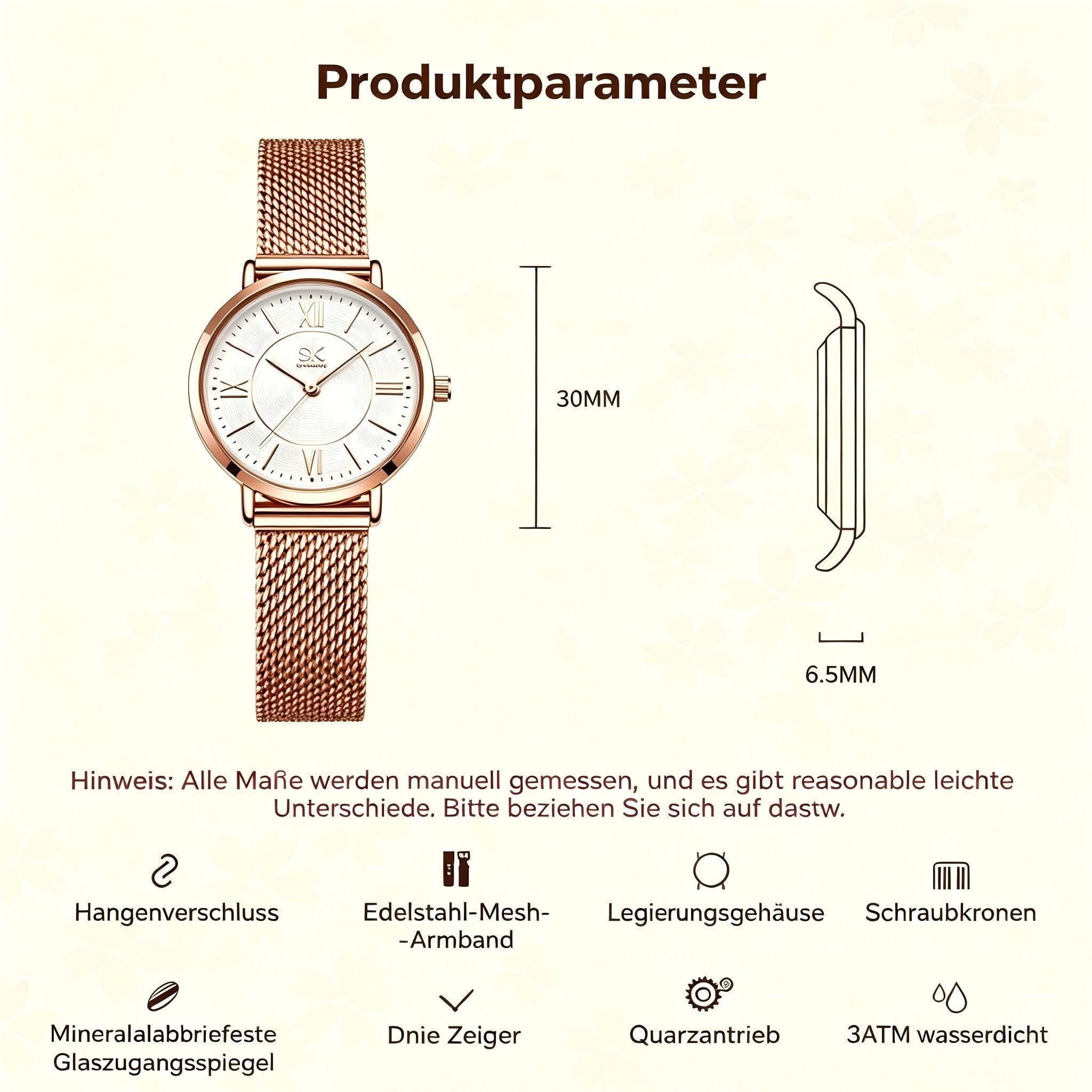 ibettertec Quarzuhr Roségold Damenarmbanduhr mit Mesh-Armband – Elegante Runde, (Packung, Quarzuhr mit römischen Ziffern), Minimalistisch, Geschenk für Frauen,  – Bild 4 von 5