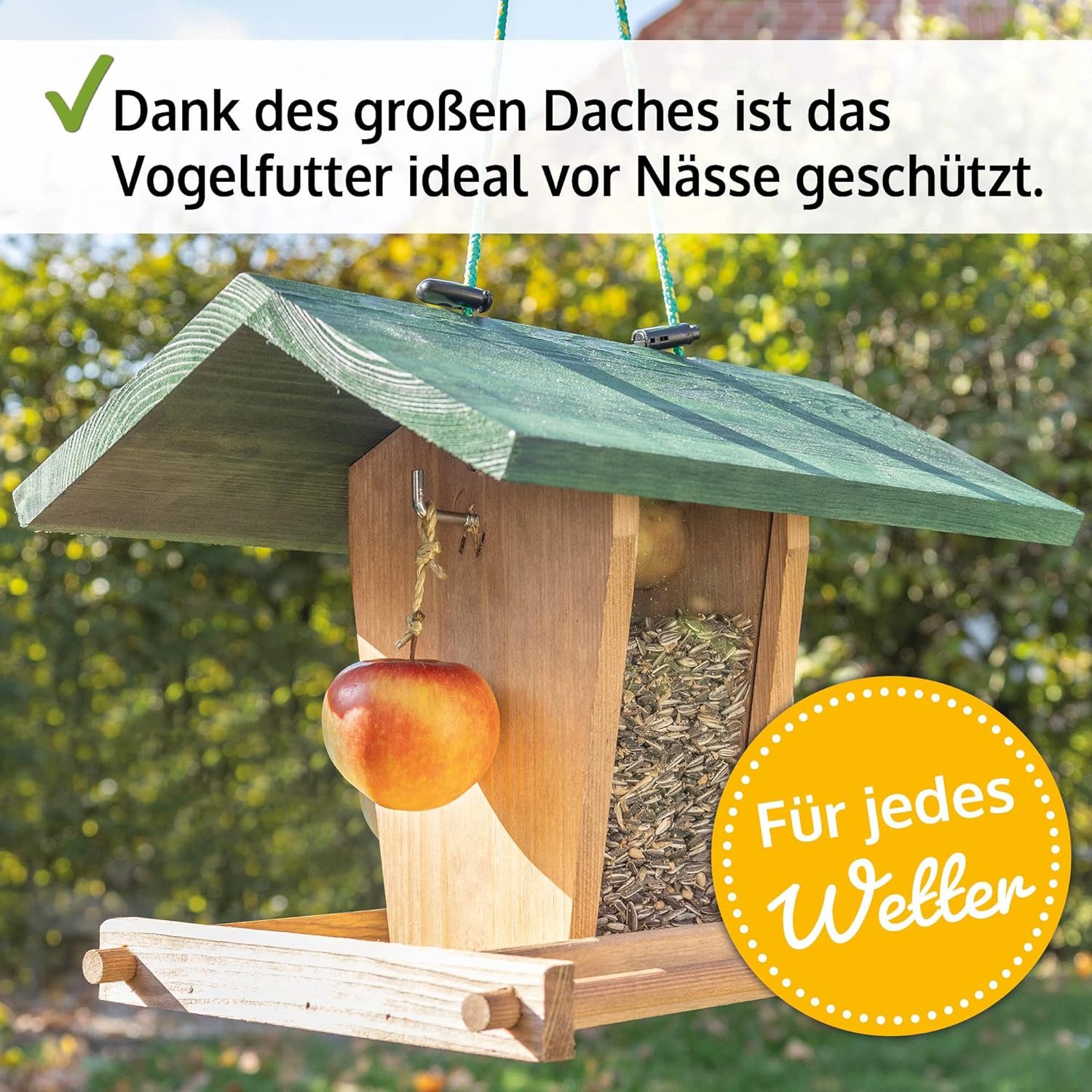 Zooprinz Vogelhaus zum aufhängen mit Sitzstangen, Schutzdach, Seil für Wildvögel, Plexiglasscheiben, wetterfestes Vollholz