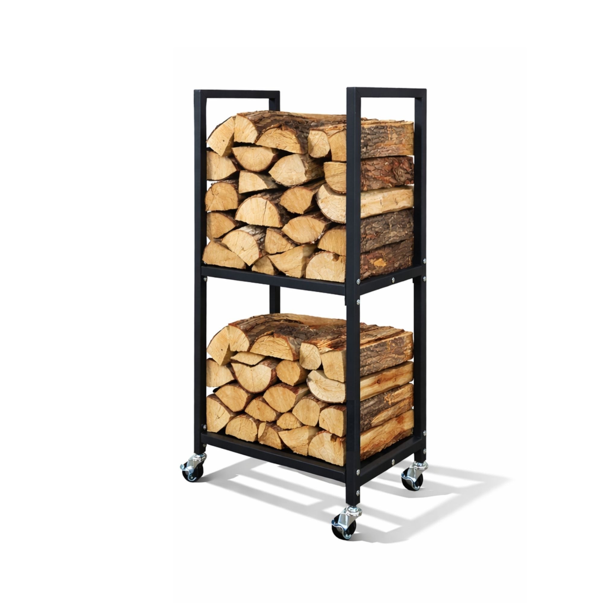 PROREGAL® Kaminholzregal PHOENIX mit Rollen & 2 Ebenen 82x44x28cm Metall Schwarz Holzständer, BxTxH:44x28x82 cm, Holzständer Holzhalter Kaminholzständer Brennholzregal