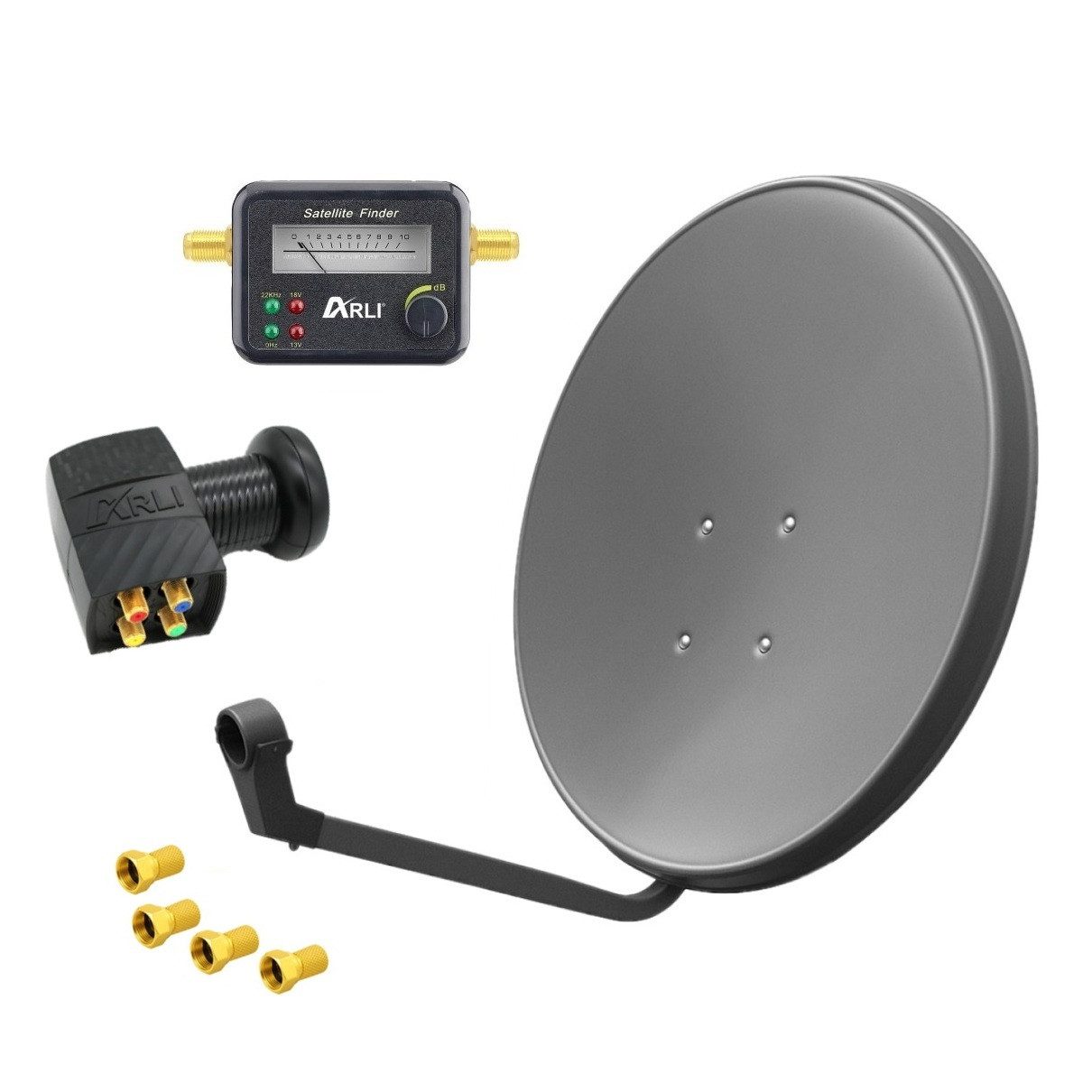 ARLI 60cm HD SAT Anlage grau + Quad LNB + Satfinder SAT-Antenne (60 cm, Stahl, Digital 2 Teilnehmer Antenne grau UHD 4K)