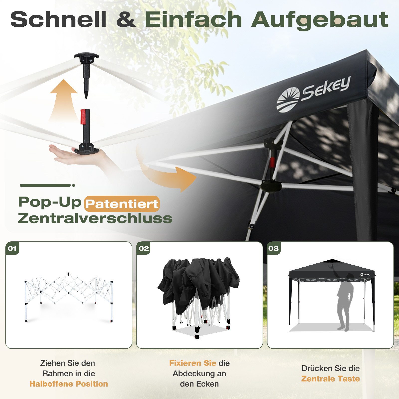 Sekey Faltpavillon 3x3 Wasserdicht Pop Up Pavillon mit Belüftung, Partyzelt UV-Schutz 50+, 3 wählbare Höhen: 240cm, 250cm und 260cm, Stabil und Windfest – Bild 3 von 5
