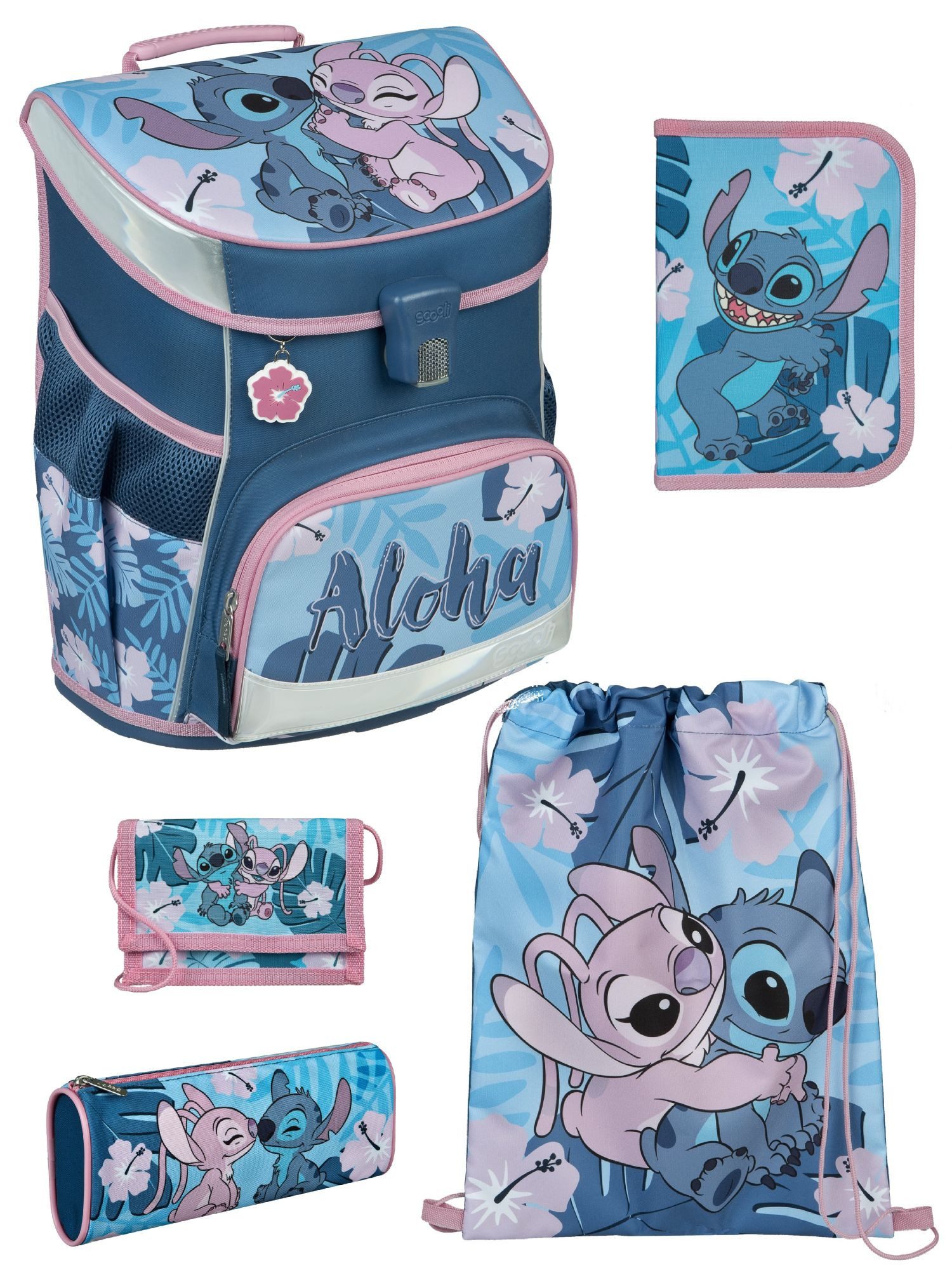 Scooli Schulranzen Campus Fit Disney Stitch Schultasche ab der 1. Klasse (Set, 5-tlg., mit gefüllter Federmappe, Turn- & Geldbeutel), mit Brustgurt, 980 Gramm leicht, 18L Volumen