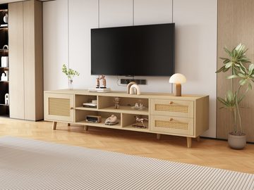MODFU TV-Schrank Lowboard Unterschrank (2 Schubladen, 1 Tür,für 70-Zoll-Fernseher) Premium 160 cm Holzfarbenes Rattan-TV-Ständer