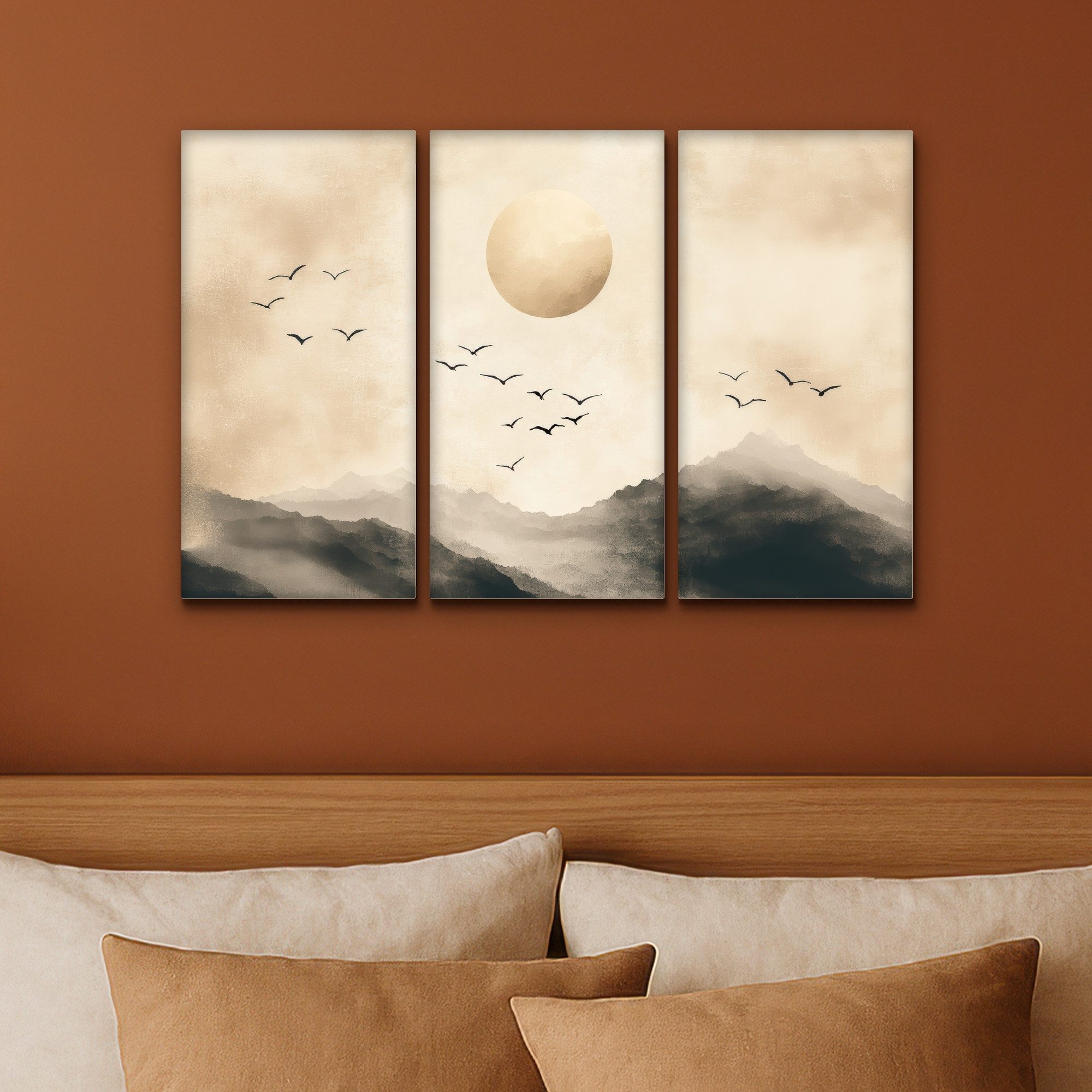 MuchoWow Leinwandbild Landschaft - Japandi - Beige - Vögel, Fotodruck (3 St), Wand Bilder 3 Set, Deko Schlafzimmer Wohnzimmer Flur 60x40 cm – Bild 4 von 5