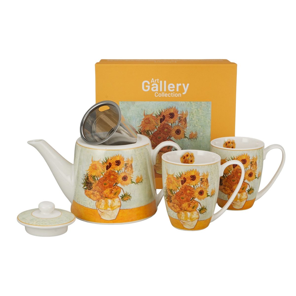 Duo-Gift Teeservice Sunflowers van Gogh Teekanne 0,9 L + 2 Tassen 0,36 L Porzellan (1-tlg), 2 Personen, Teeset für 2 Personen