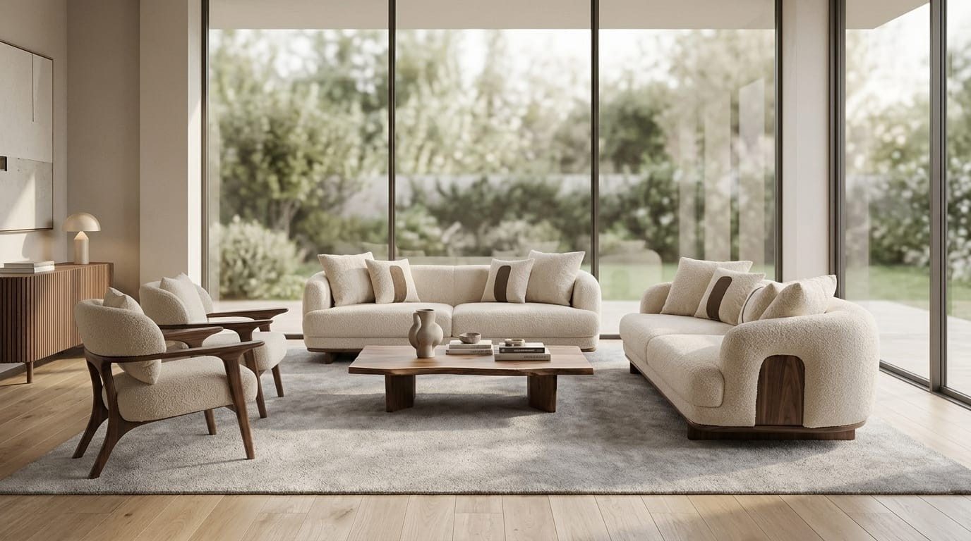 Xlmoebel Polstergarnitur Beiges 3+3+1+1-Sitzer Sofa Set aus Textil und Holz, modern, (4-tlg., 3-2-1)