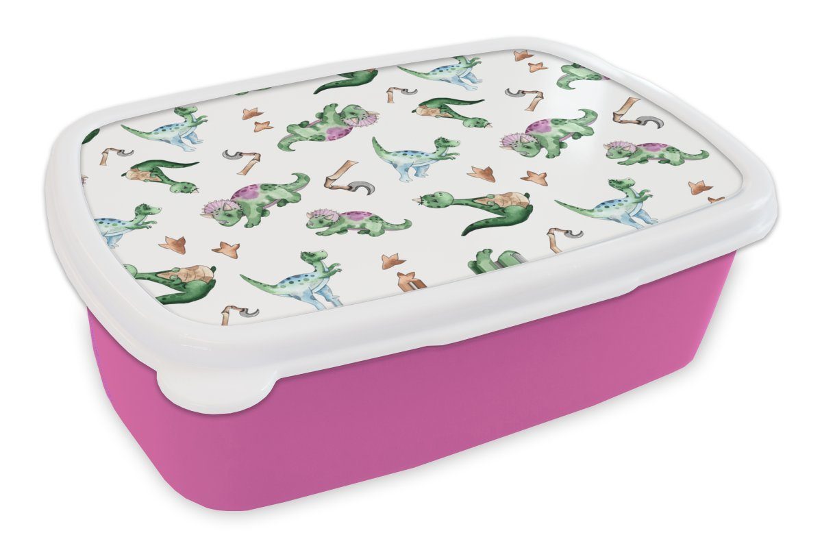 MuchoWow Lunchbox Dinosaurier - Muster - Kinderzimmer - Jungen - Mädchen - Kinder, Kunststoff, (2-tlg), Brotbox für Erwachsene, Brotdose Kinder, Snackbox, Mädchen, Kunststoff rosa