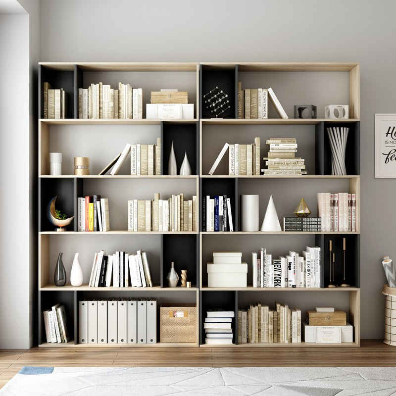 Homfa Bücherregal, 190 cm Standregal, Regal mit 5 Ebenen 10 Fächern, Büroregal Schwarz + Eiche