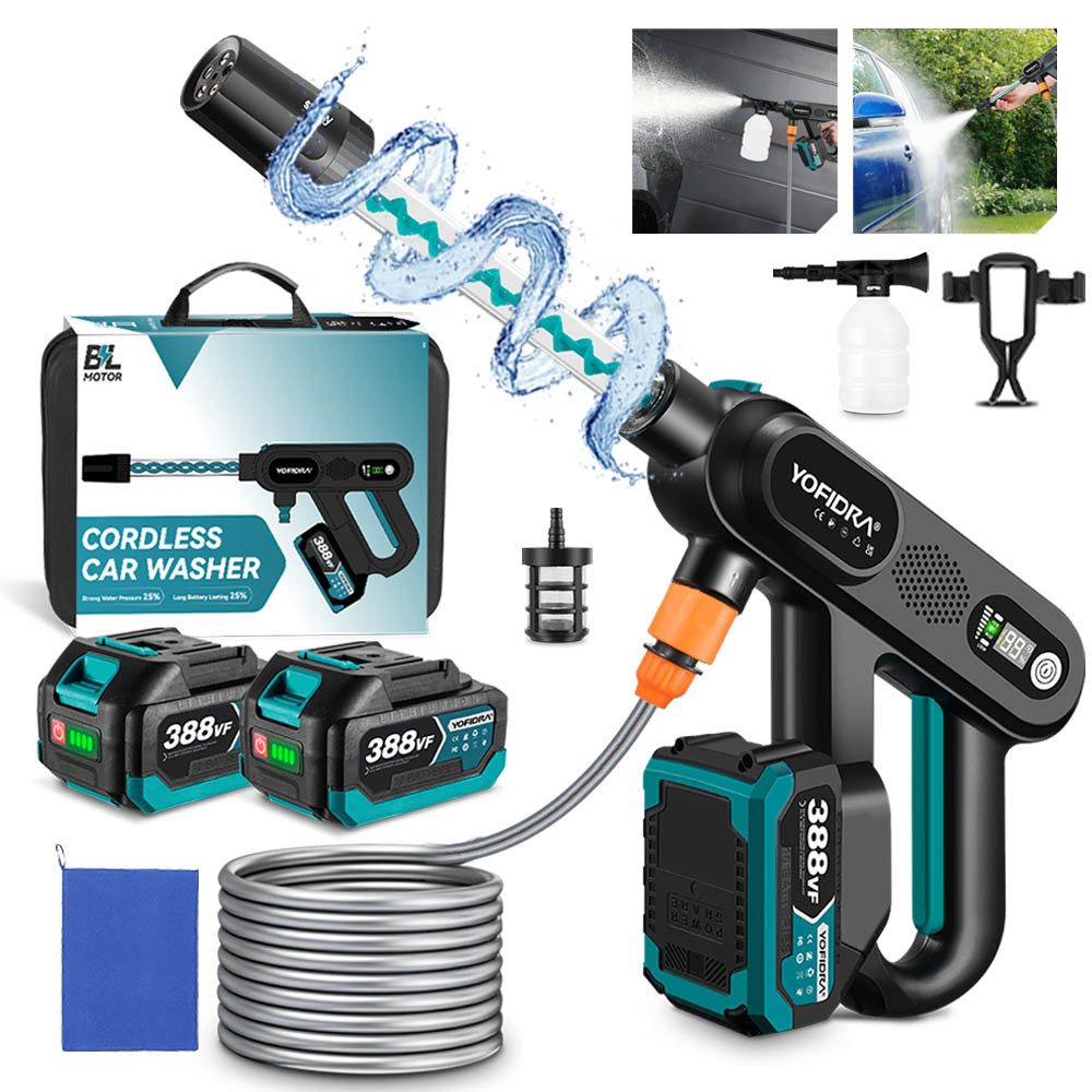 Yofidra Akku-Hochdruckreiniger Mobiler Hochdruck Wasserpistole mit 2 Akkus, für Autos, Terrasse, Druck max: 60 bar, 500 W, Fördermenge max: 246 l/h, 5-in-1-Multifunktionsdüse, 5M Schlauch, Filterkessel