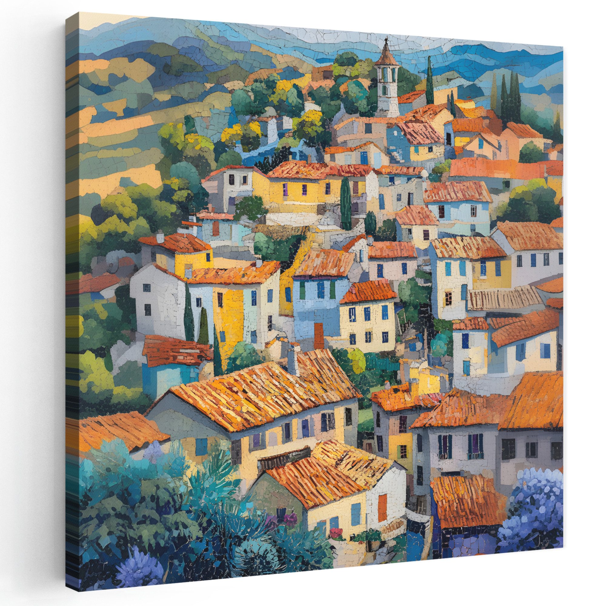 OneMillionCanvasses® Leinwandbild Dorf - Hügel - Landschaft - Bäume, Fotodruck (1 St), Wandbild, Deko Schlafzimmer Wohnzimmer Flur 20x20 cm