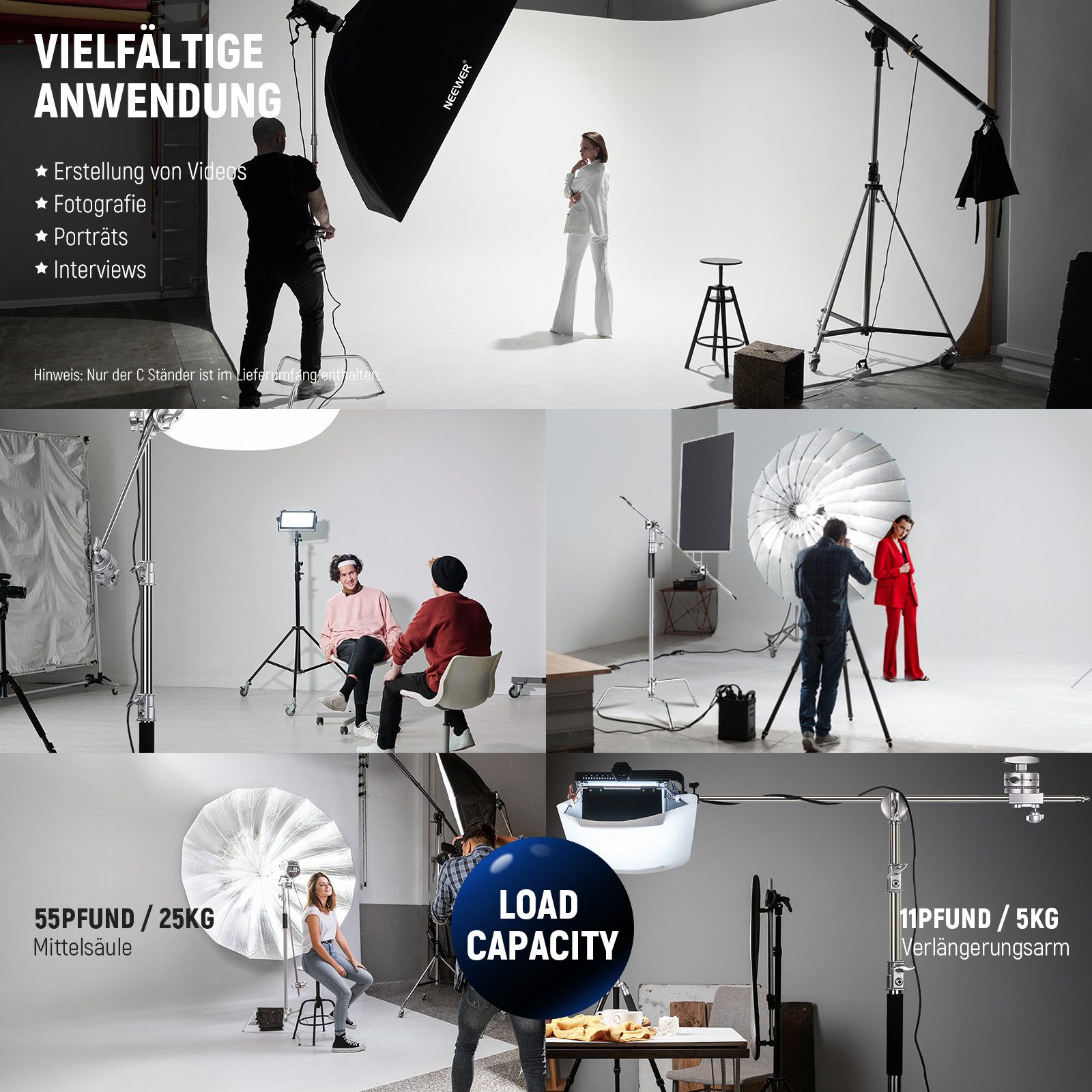 Neewer C320B 3M Verstellbarer C-Stand Lampentständer, 150-305 cm Lampenstativ (mit Tragetasche, für Fotostudio Videoreflektor Schirm Monolight)