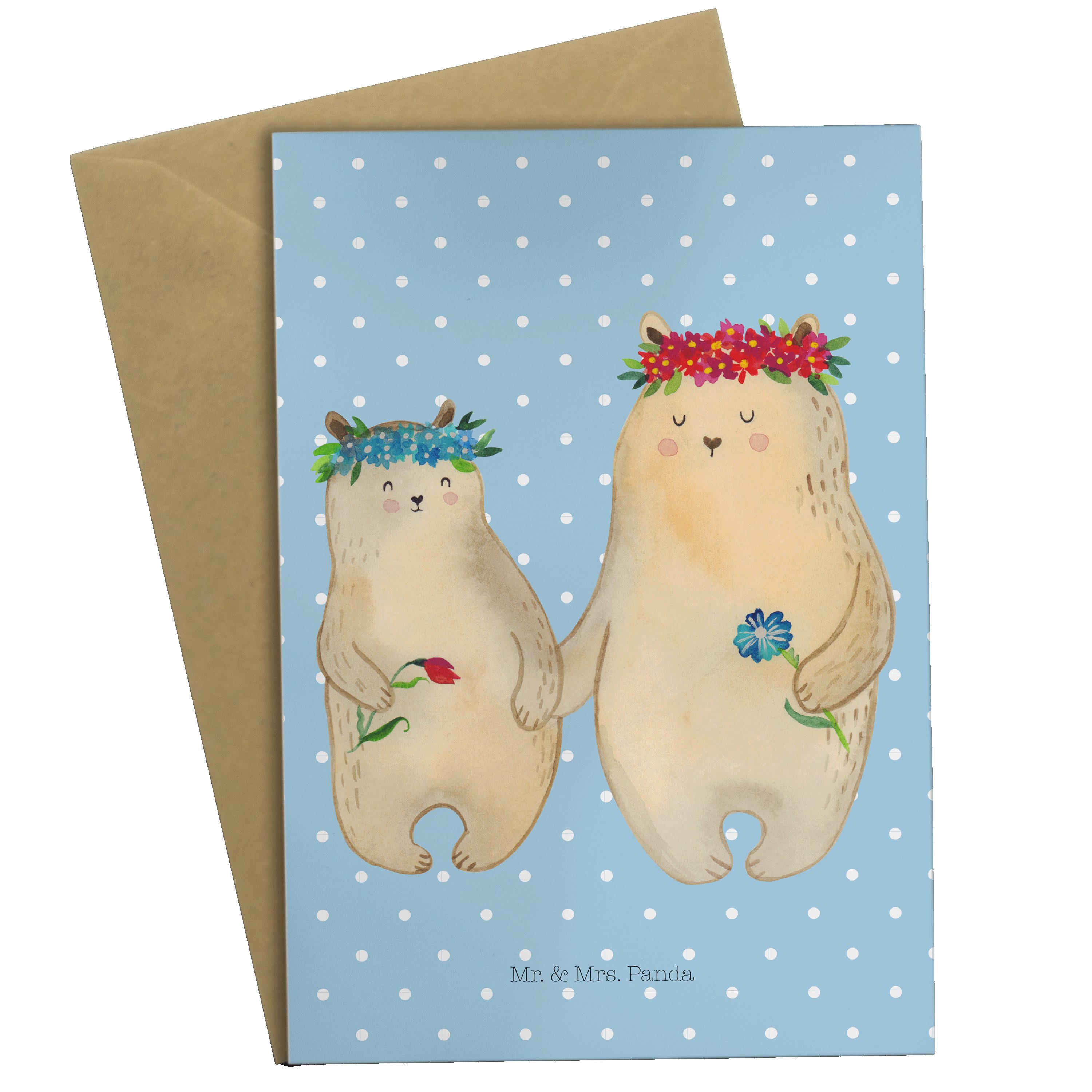 Mr. & Mrs. Panda Grußkarte Bären mit Blumenkranz - Blau Pastell - Geschenk, Lieblingsmensch, Vat