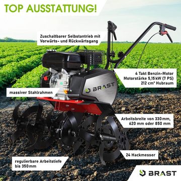 BRAST Benzinmotorhacke Gartenfräse 5,15kW(7PS), Luftgekühlter 4 Takt OHV-Motor, 3 Arbeitsbreiten: 33cm, 62cm und 85cm