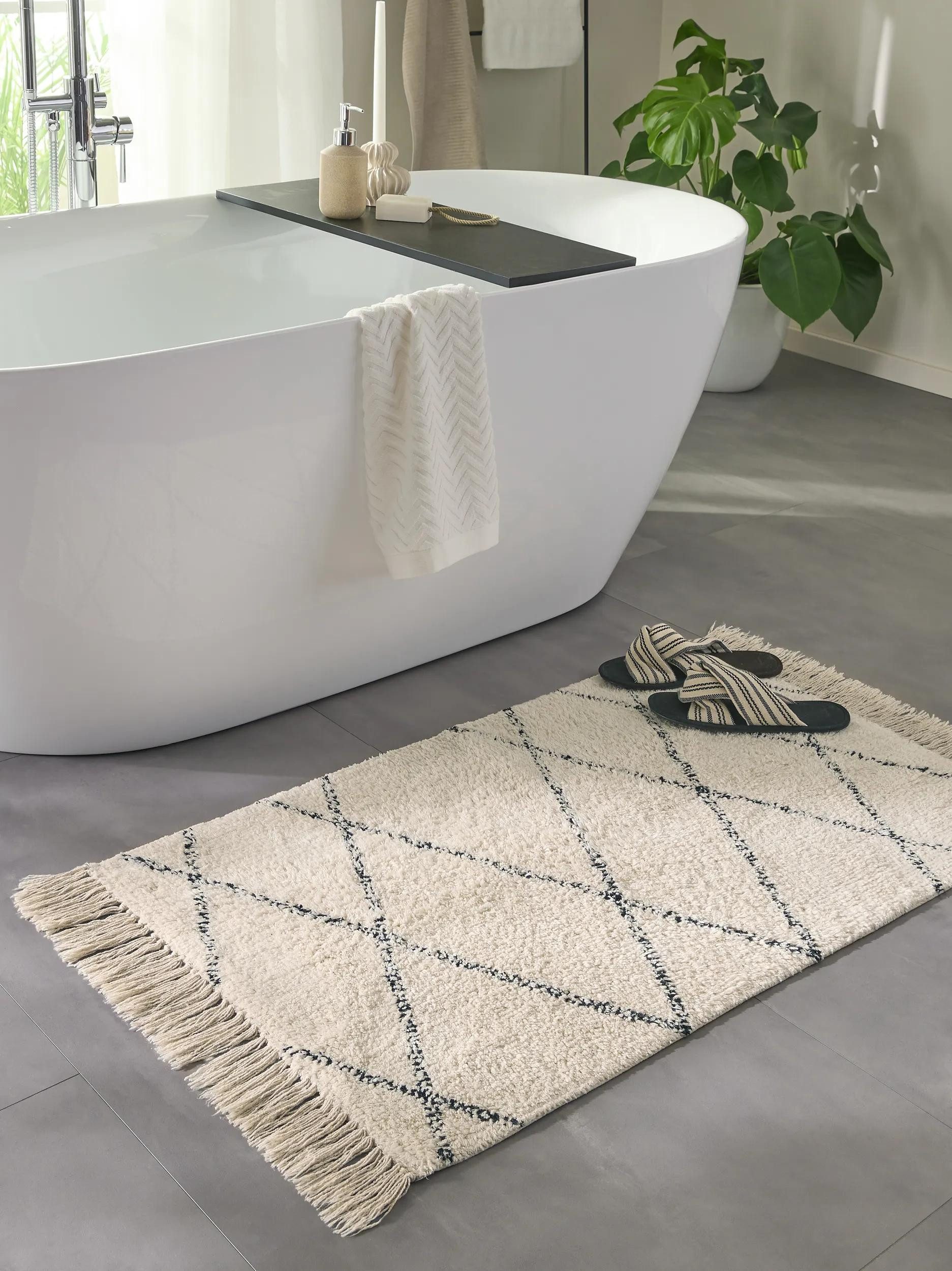 benuta Badematte Naomi, Höhe 6 mm, Baumwolle, rechteckig, 100% Baumwolle, handgeknüpft, Boho-Style, Badezimmer, Küche