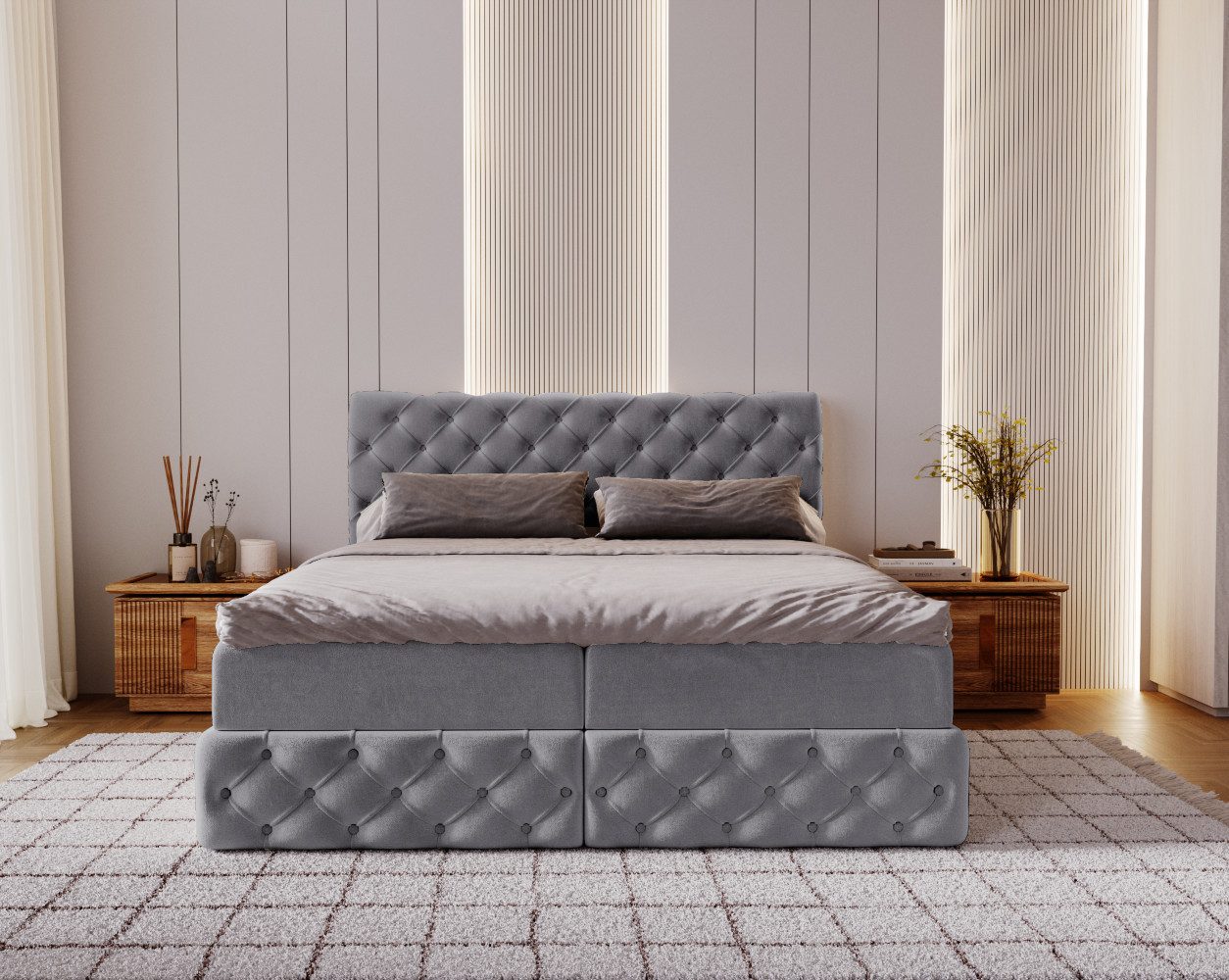 Kaiser Möbel Boxspringbett Chesterfield-Kontinentalbett Luxury Stoff Royal Velvet (Bett-Set mit Matratze und Topper), Bettkasten und Topper und Matratze