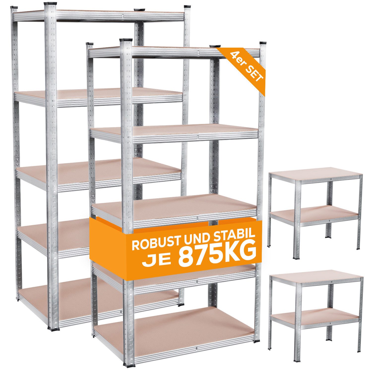 TroniTechnik Regal Lagerregal 4er Set mit Stecksystem, je 875kg Tragkraft, MDF-Böden, je 875 kg Traglast, Stecksystem, höhenverstellbar, MDF- Platten, 875kg Belastbarkeit, verzinkte Metallstreben, Wandmontage möglich
