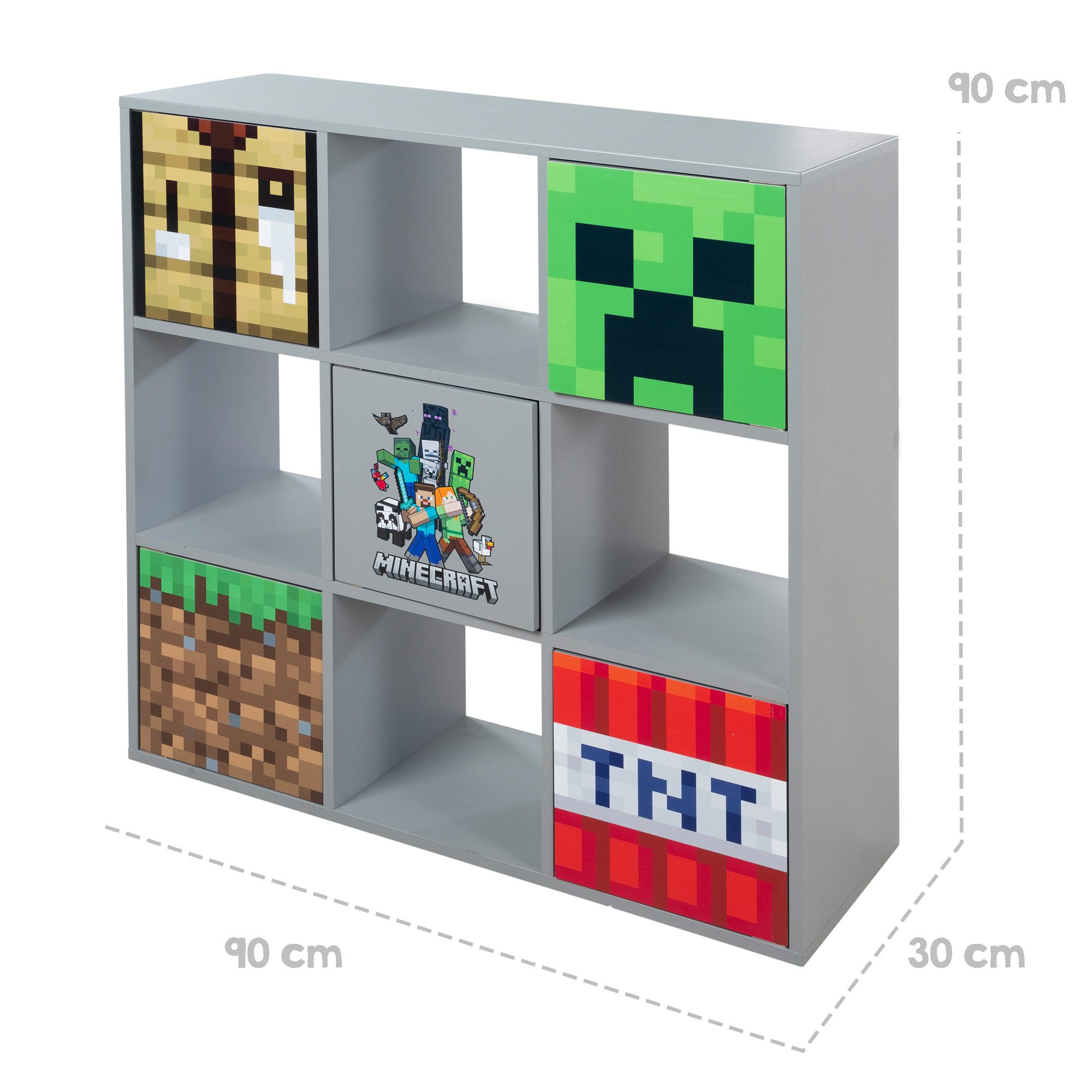 Minecraft Regal mit 4 Fächern & 5 Push to Open Türen - aus Holz mit Minecraft Motiv, 9 Fächer- Stauraumregal für Kinder, Jugendliche & Erwachsene - Grau – Bild 4 von 5