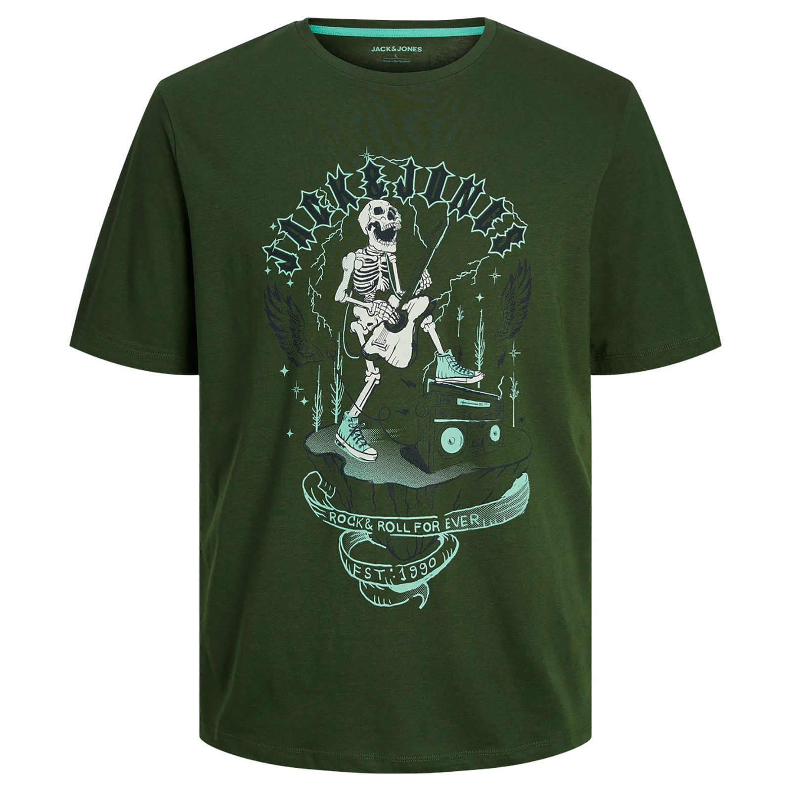 Rundhalsshirt Jack&Jones XXL T-Shirt dunkelgrün Skullprint JJSKULL