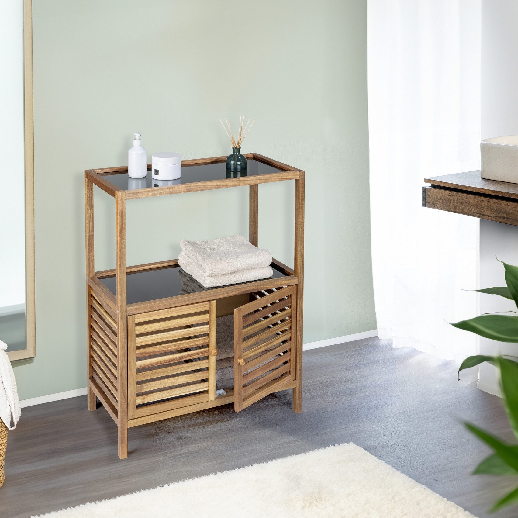 WENKO Badregal Fondi, Regal für Haushalt und Badezimmer, Akazienholz mit Glasböden