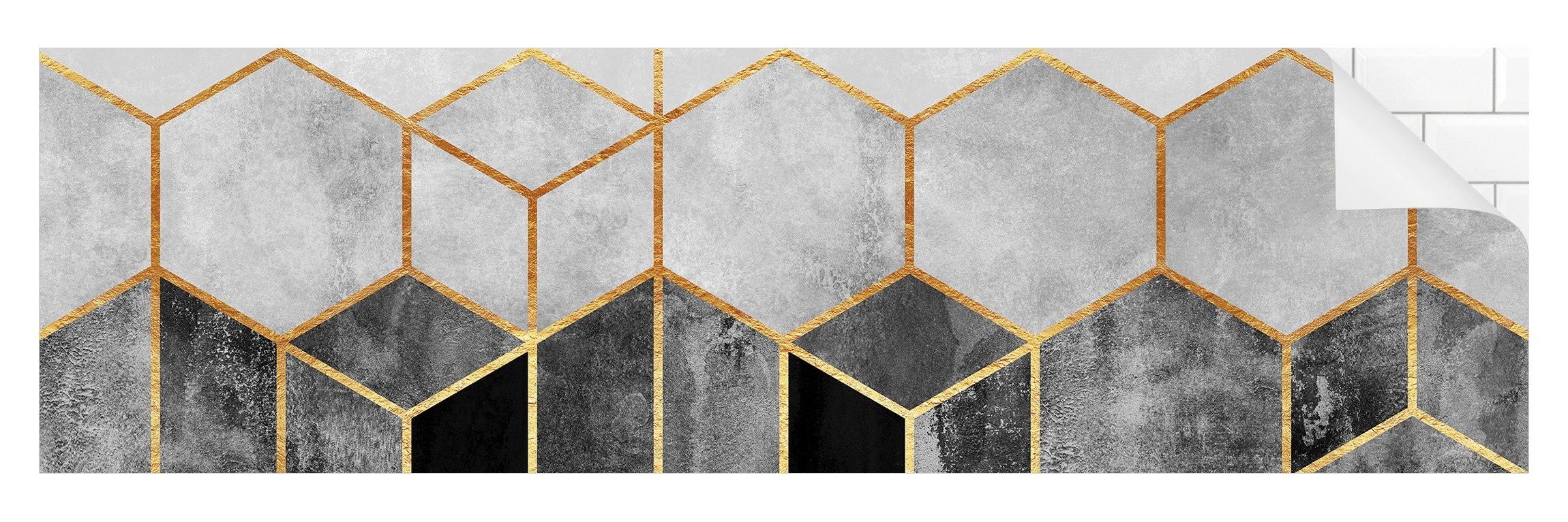 Bilderdepot24 Badrückwand schwarz weiss fugenlose Wandverkleidung Bad Abstrakt, (Hartfolie matt » Selbstklebend SMART 0,35 mm), wasserfestes Wandpaneel Goldene Sechsecke Schwarz Weiß