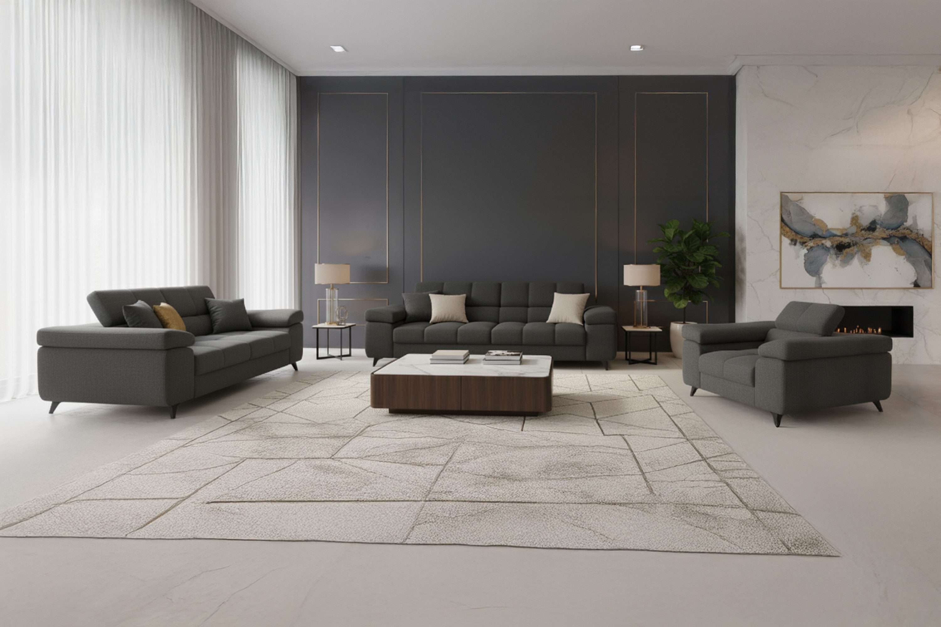 M-Punkt24 Polstergarnitur Sofa 3-2-1 mit Schlaffunktion, (Samtstoff Anthrazit Bigsofa, mit Kopfteilverstellung / Rückenverstellung), bestehend aus 3-Sitzer, 2-Sitzer, Sessel