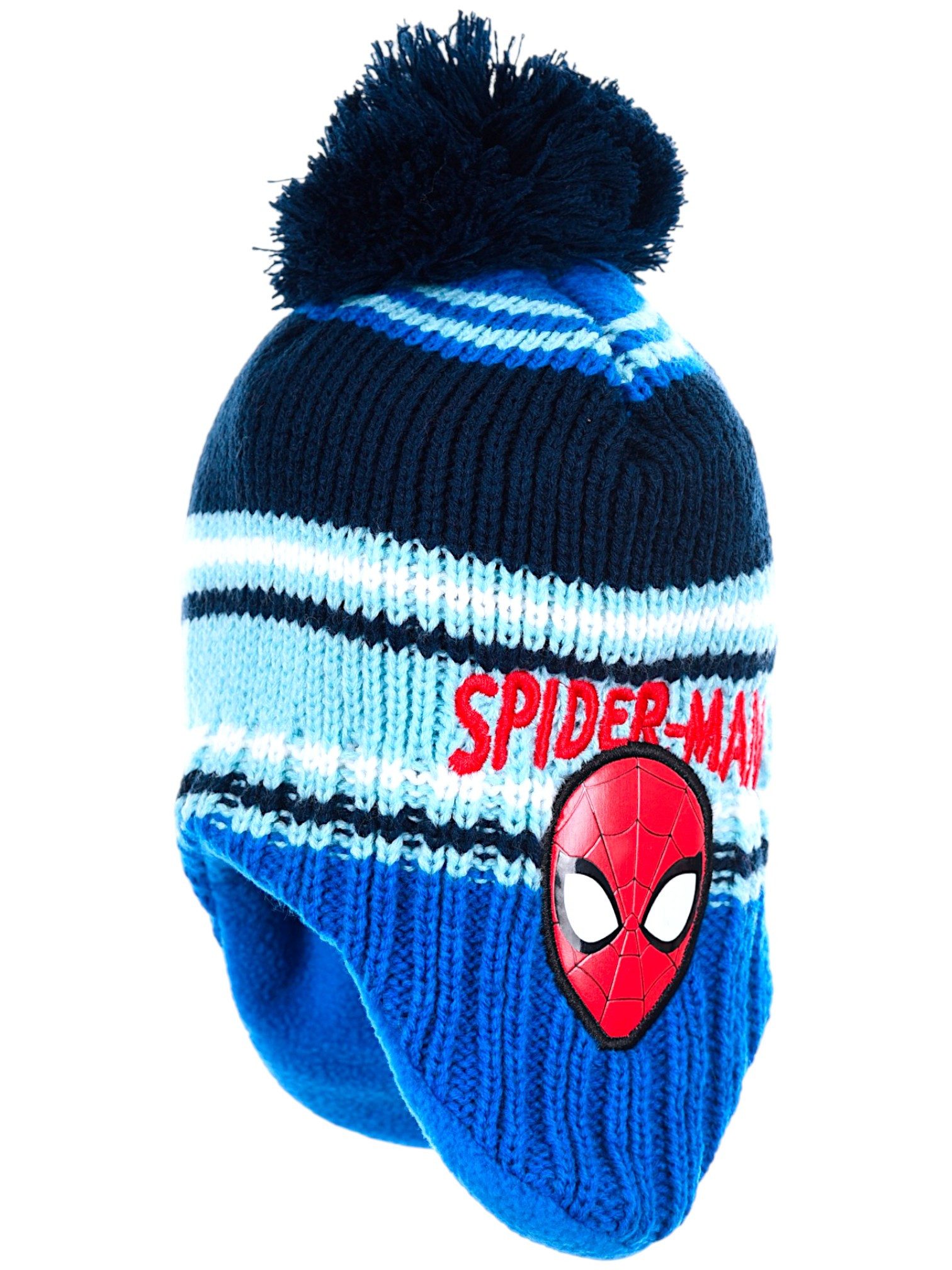 Spiderman Bommelmütze Marvel Thermo Mütze mit Motiv-Patch (2-St) Jungen Strick & Fleecemütze mit Bommel & Ohrenklappen