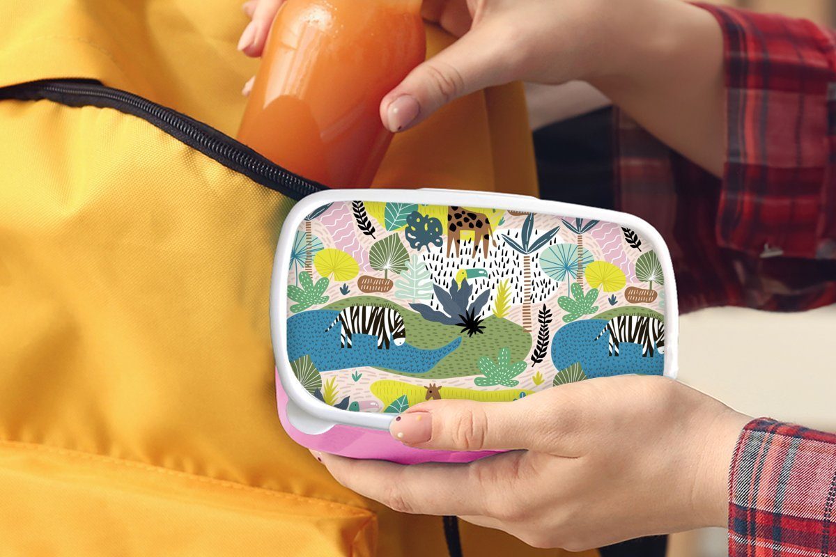 Farben, Brotbox MuchoWow für Snackbox, (2-tlg), Brotdose Lunchbox Erwachsene, Dschungel - rosa Kunststoff, Kinder, Kunststoff Mädchen, Natur -