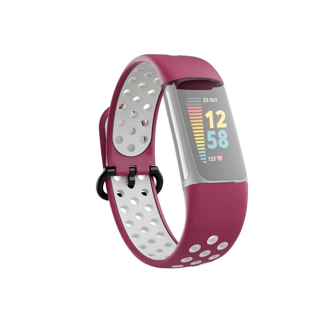 Hama Smartwatch-Armband Sportarmband für Fitbit Charge bordeaux Uhrenarmband 5, atmungsaktives