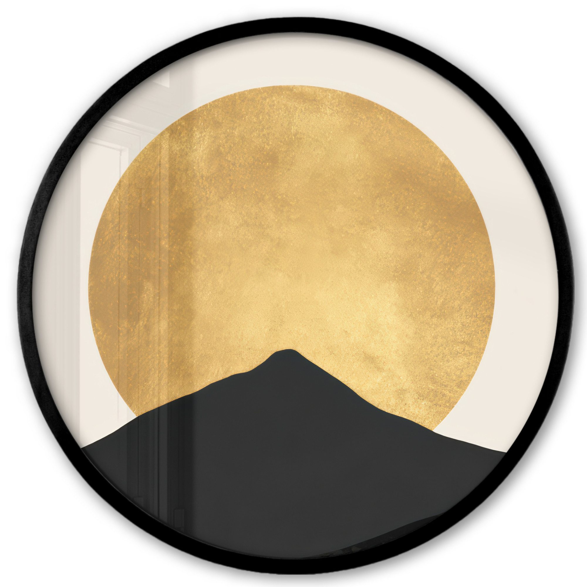 MuchoWow Poster Rund - Bergsilhouetten - Goldener Kreis - Beige, (1 St), Runde Wandbilder, Deko für Wohnzimmer und Schlafzimmer, 40x40 cm