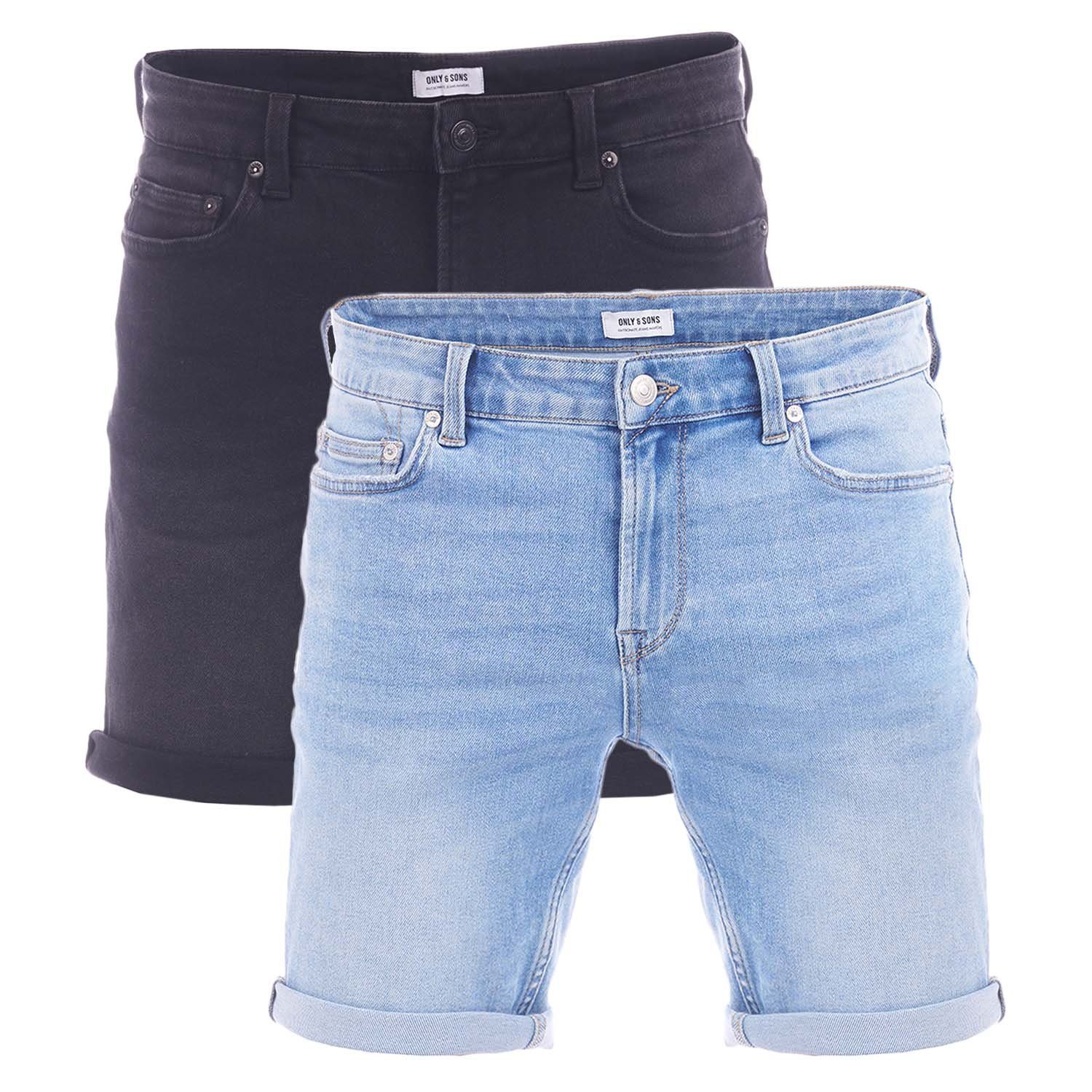 ONLY & SONS Jeansshorts Herren Shorts ONSPLY 2er Pack Regular Fit Bermudashorts mit Stretch Light Blue / Black (22029141)