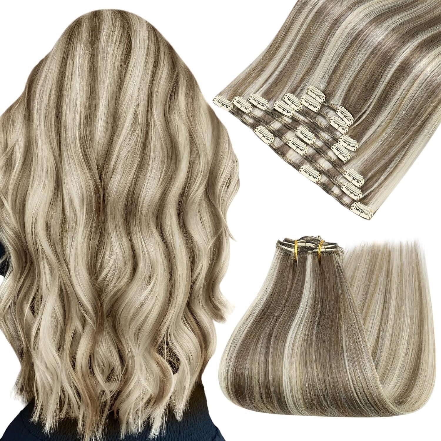 LuxusKollektion Echthaar-Extension Extensions Clip in Echthaar Remy Glatt Blond 35cm 7pcs 1-10 cp #P8 60