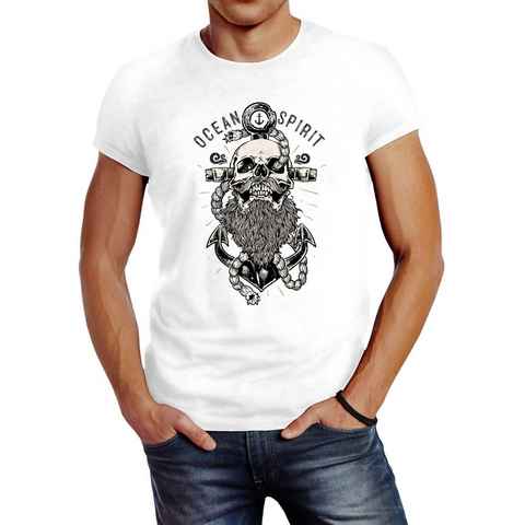 Neverless Print-Shirt Herren T-Shirt Skull Captain Anker Totenkopf Bart Kapitän Ocean Spirit Slim Fit Neverless® mit Print