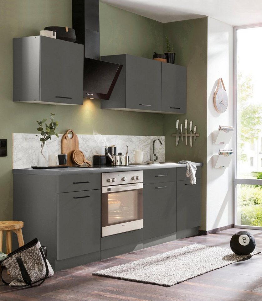 wiho Küchen Küchenzeile Esbo, mit E-Geräten, Breite 220 cm, Laufleisten der  Schubkästen aus Metall