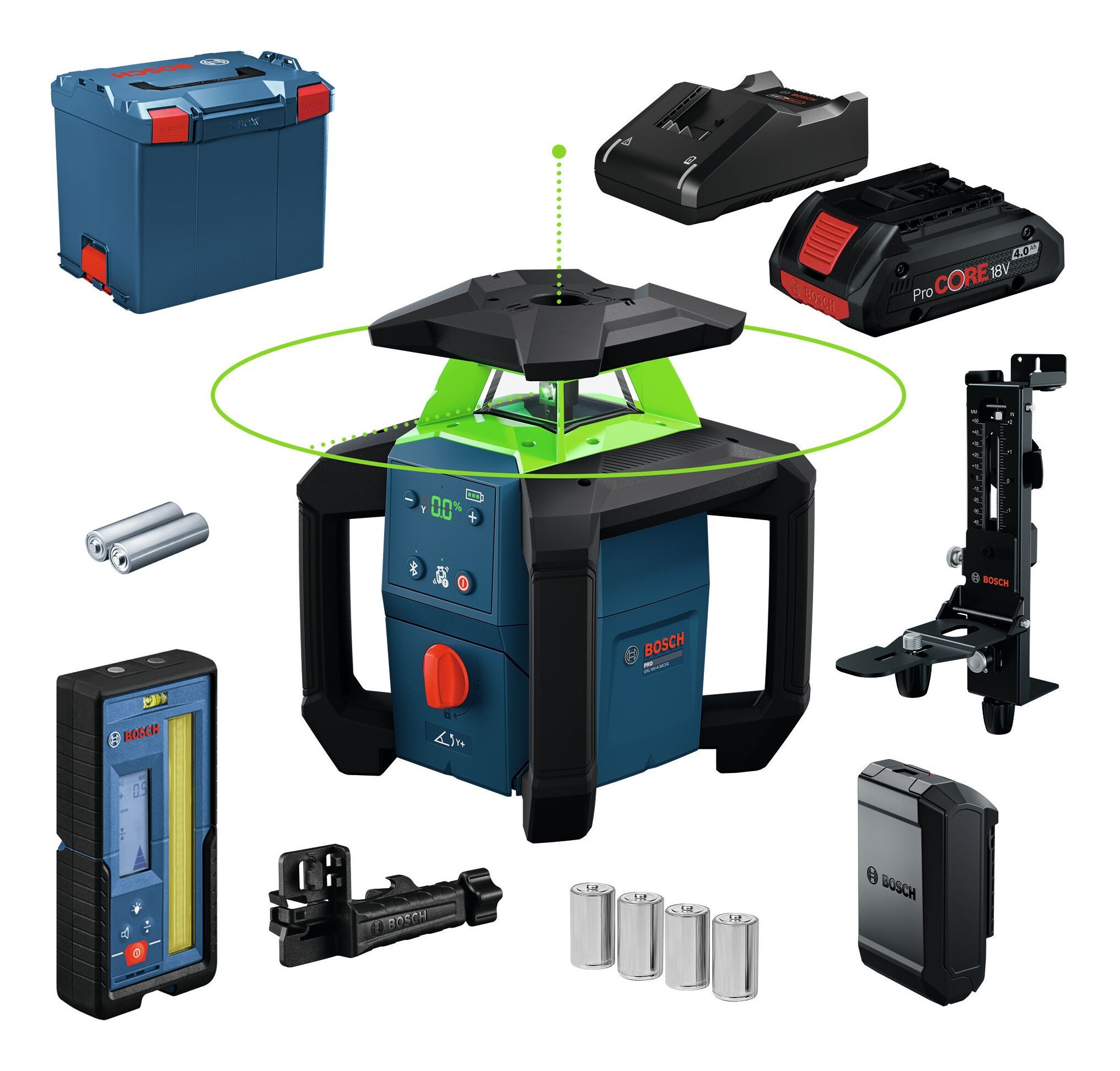 BOSCH Punkt- und Linienlaser GRL 18V-4-34CVG, Mit 1x Akku ProCORE 4 Ah & Wandhalterung WM 5 - in L-BOXX 374