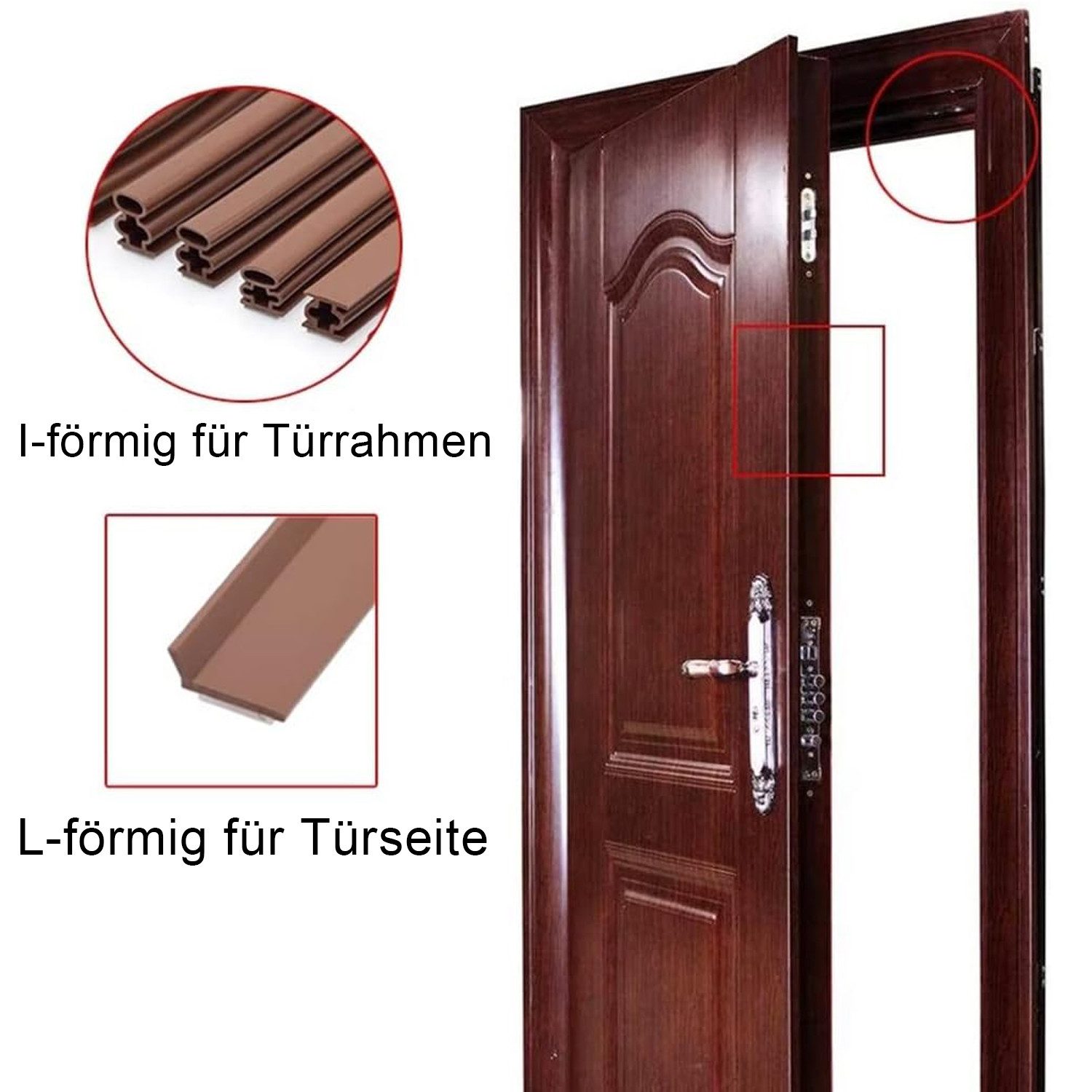 MODFU Türdichtband 6m Türdichtung selbstklebend Zugluftstopper, (Flexibel Dichtung Türrahmen 10mm x 10mm, 1-St., Staubdichte Schalldämmung Wärmedämmung Wasserdicht), für Spalten zwischen 7.5 und 9.5 mm Fenster Tür usw.