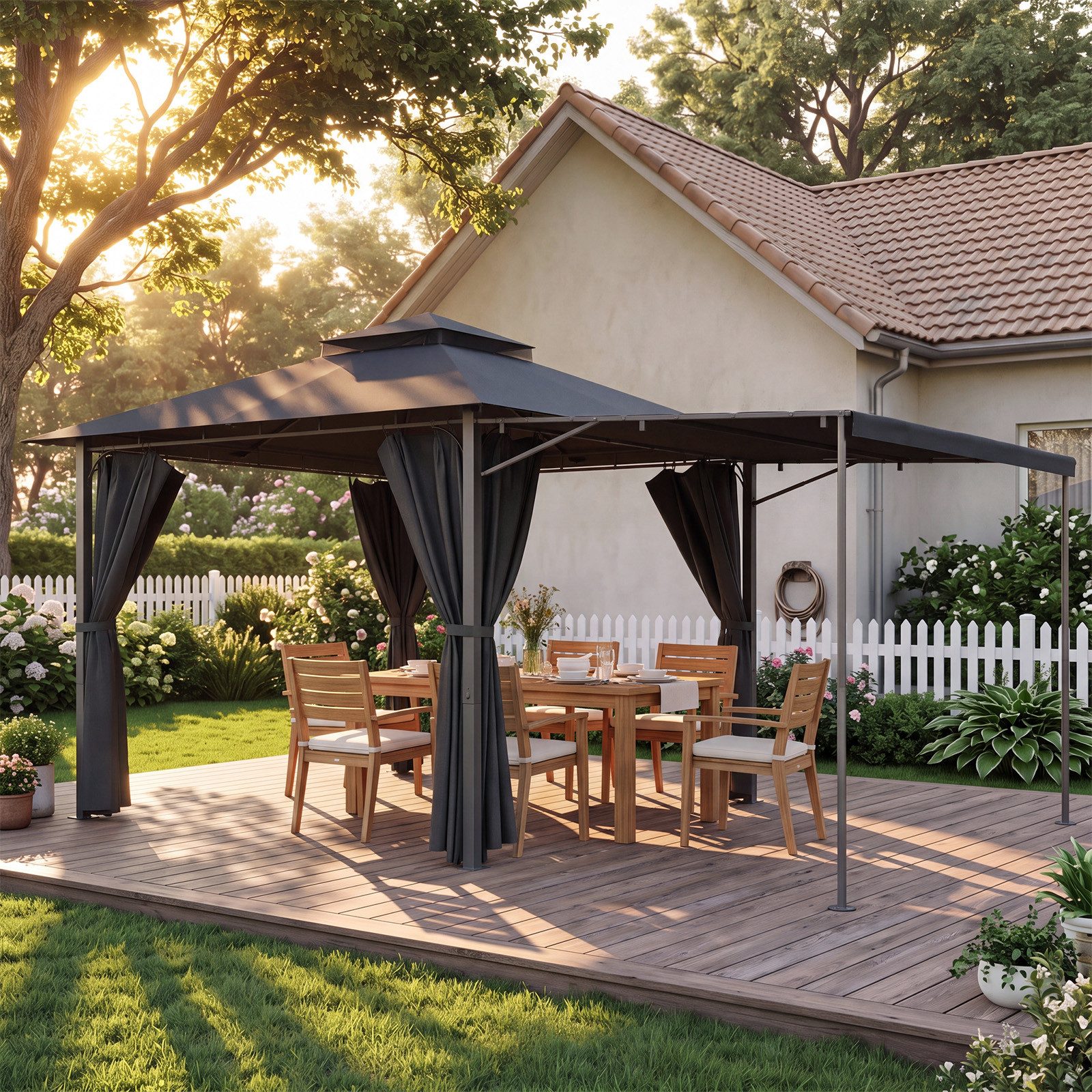 HOMALL Pavillon Extend Grillpavillon, mit 1.8m ausklappbarer Seitenveranda, mit 4 Seitenteilen, (Ausziehbarer Seitenmarkise flexibel verstellbare Schattenflächen), Verstellbarer Pavillon 3–4,7 m, mit Moskitonetz für 6-10 Personen