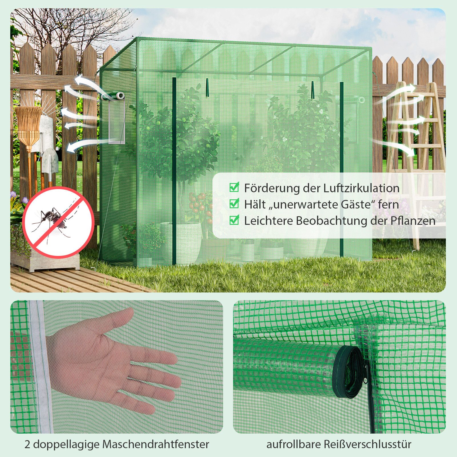 COSTWAY Gewächshaus, mit aufrollbarer Tür & 2 Netzfenstern