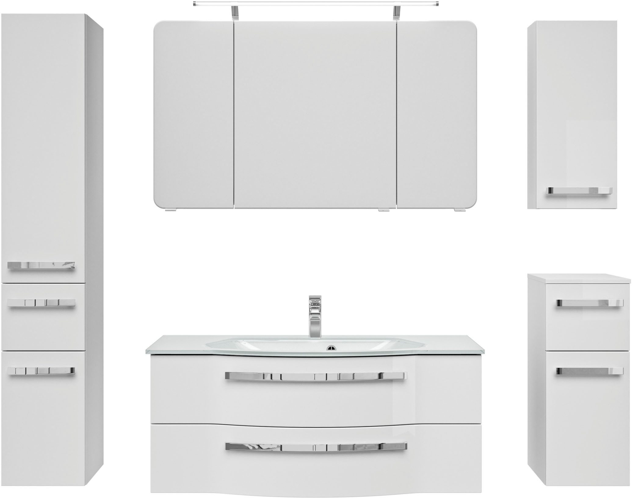 Saphir Badmöbel-Set Serie 4005, vormontiert, Glaswaschbecken, Spiegelschrank, (Set, 6-St), Badezimmer-Set mit Unterschrank, Hängeschrank, Hochschrank, Türdämpfer