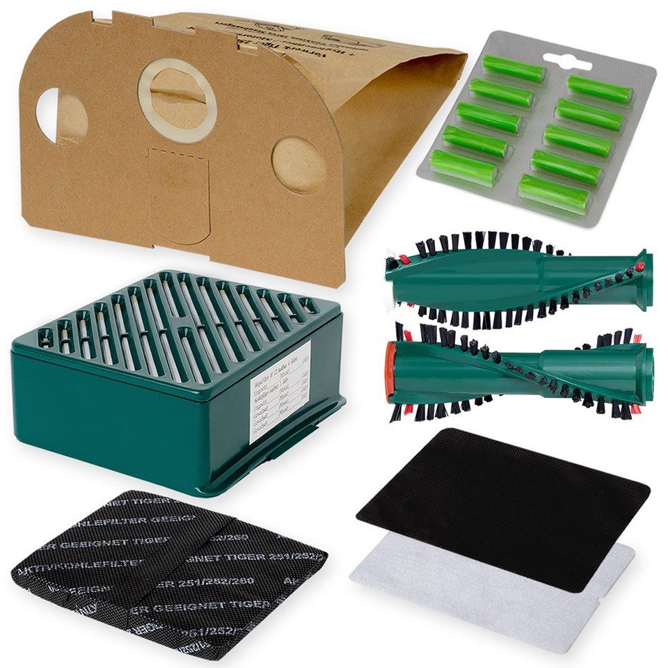 PRIMEBAG Staubsaugerbeutel 10 Beutel Filter Rundbürsten Set kompatibel zu Vorwerk Tiger 251 252