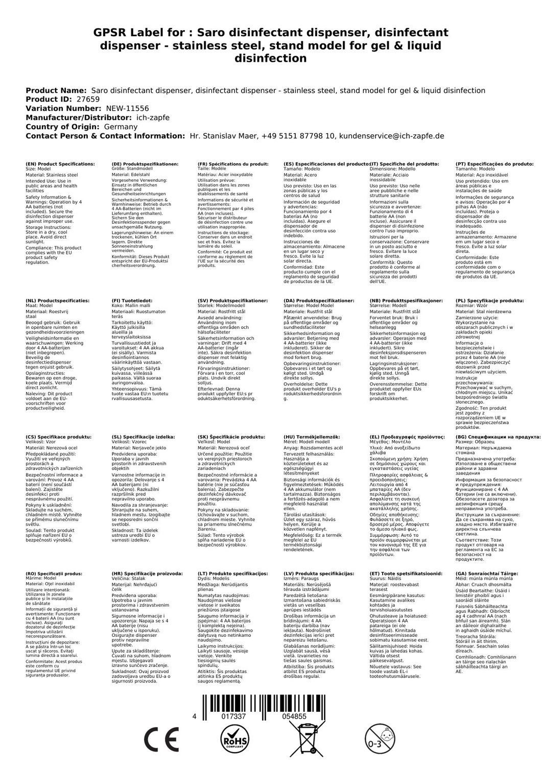 Saro Desinfektionsmittelspender Desinfektionsspender - Standmodell, edelstahl