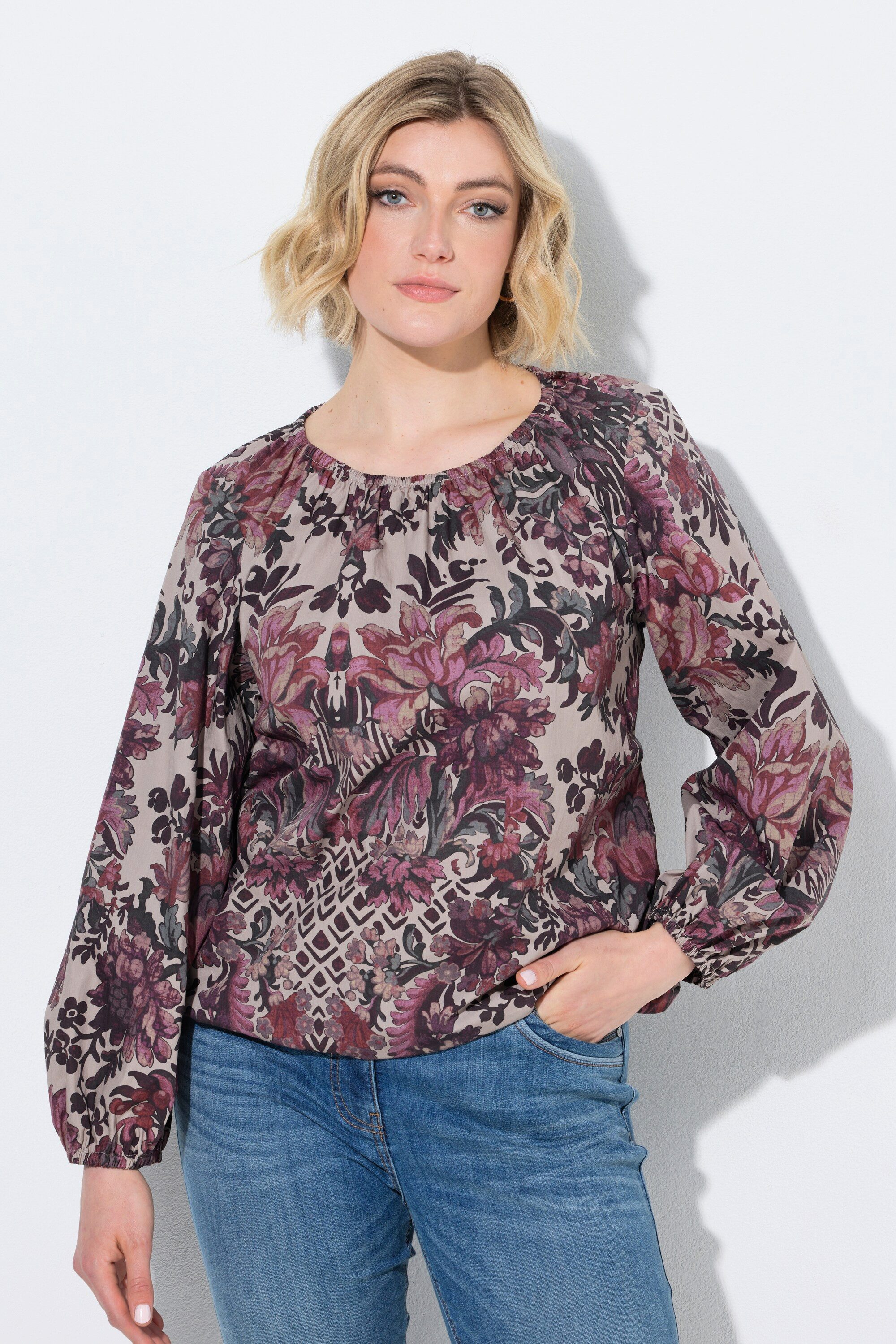 Ulla Popken Longbluse Tunika Blüten Rundhalsausschnitt Langarm