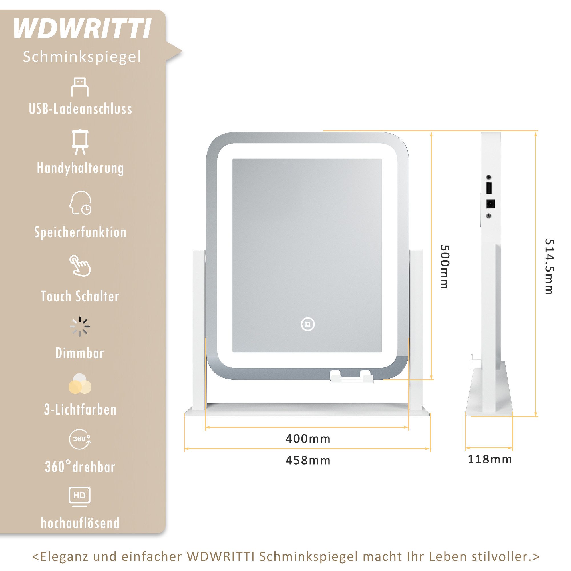WDWRITTI Schminkspiegel mit beleuchtung, USB-Ladeanschluss, Handyhalterung LED Kosmetikspiegel (Tischspiegel Rechteckig, 3Lichtmodi+Dimmbar+Memory), 360°Drehbar, mit Netzadapter