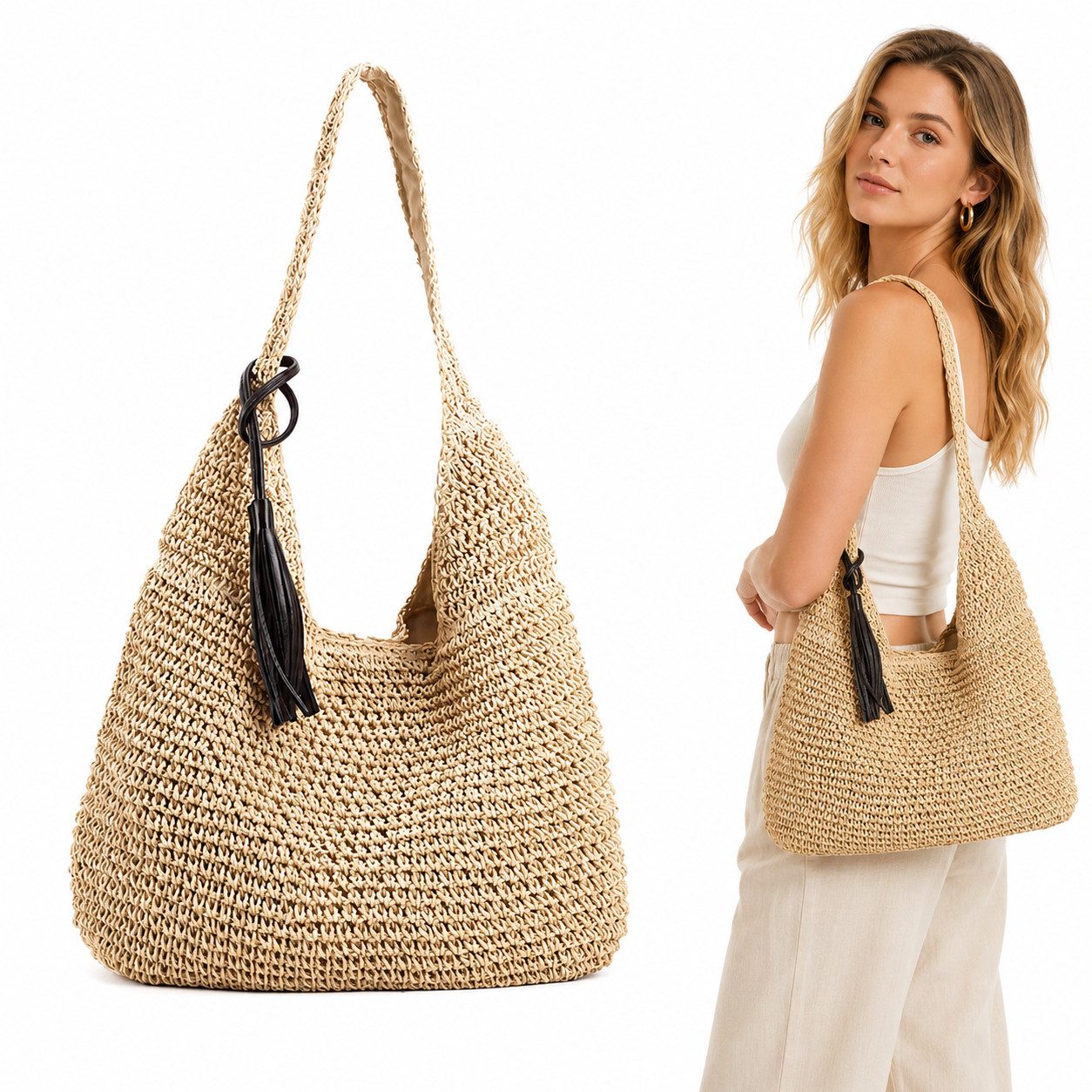 MOPUEA Strandtasche Strohtasche Damen Sommer Strandtasche Groß Gewebt Für Urlaub (Geflochtene Tote Bag Mit Großem Stauraum Für Alltag Und Reisen, 1-tlg., Rattan Umhängetasche Mit Kosmetiktasche Strand Und Freizeitlook), Boho Schultertasche Aus Stroh Handg