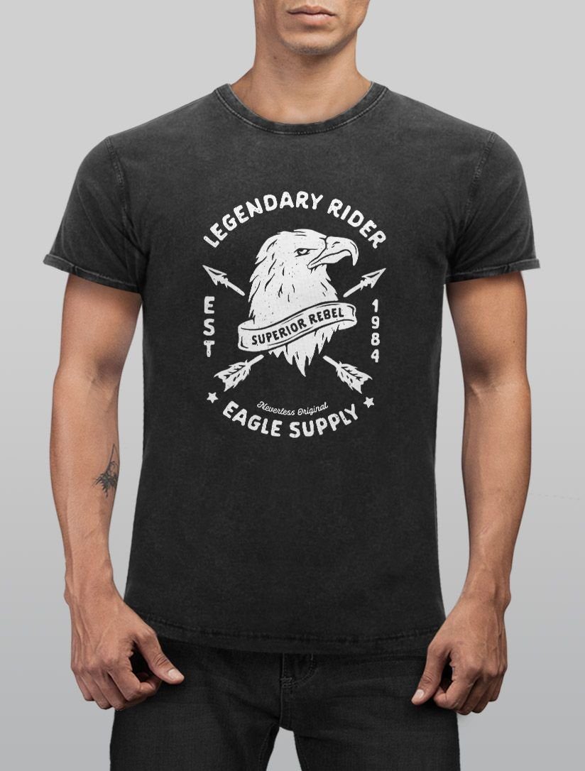 Neverless Print-Shirt Neverless® Herren Shirt Rider Vintage Slim Eagle Legendary Fit mit Aufdruck Used Look T-Shirt Supply Print Printshirt