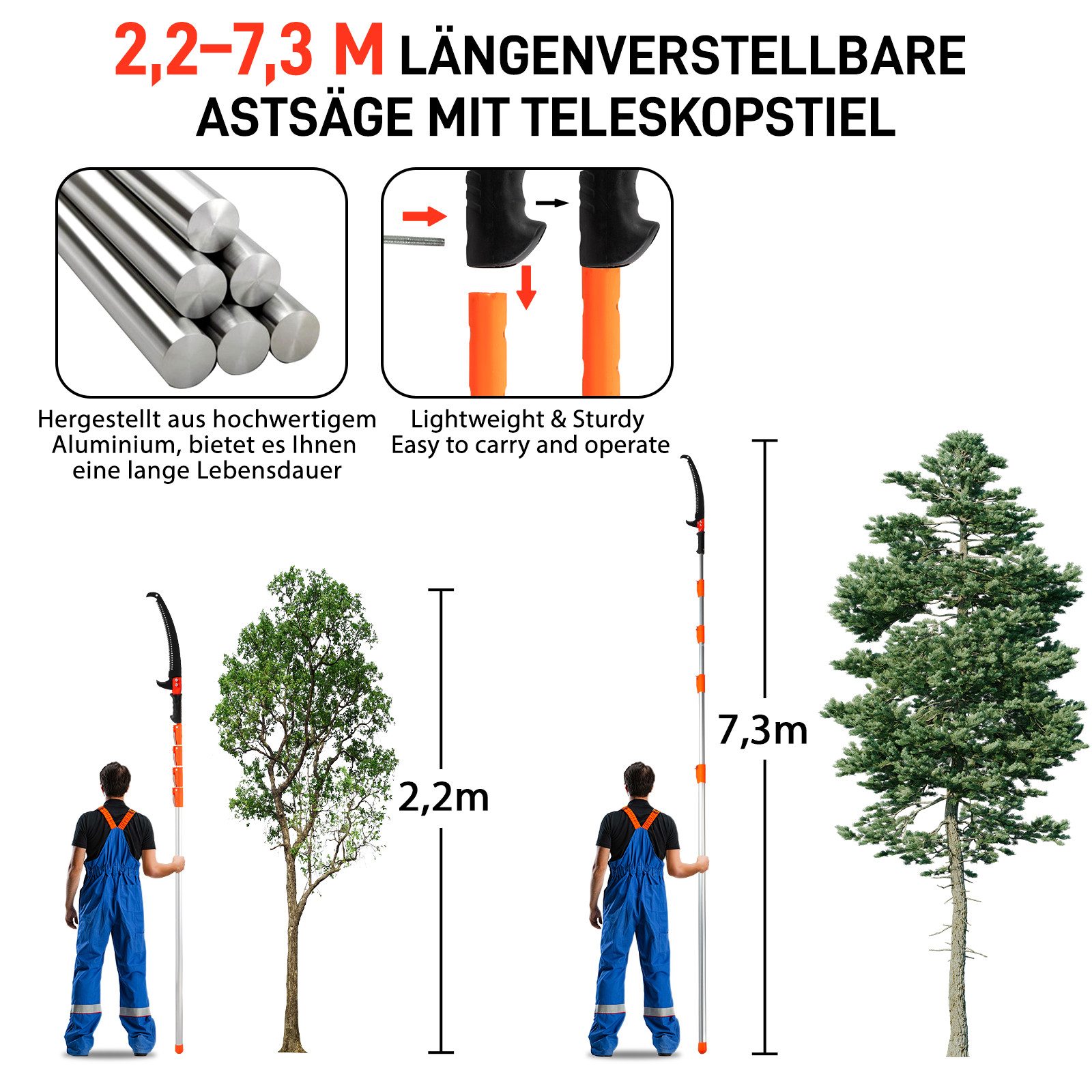 LALAHO Gartensäge Teleskop-Gartensäge mit Stiel (7.3/8 m) – Handsäge, einstellbare Länge, Astscheren-Set mit Tragetasche & scharfem Sägeblatt – Bild 4 von 5