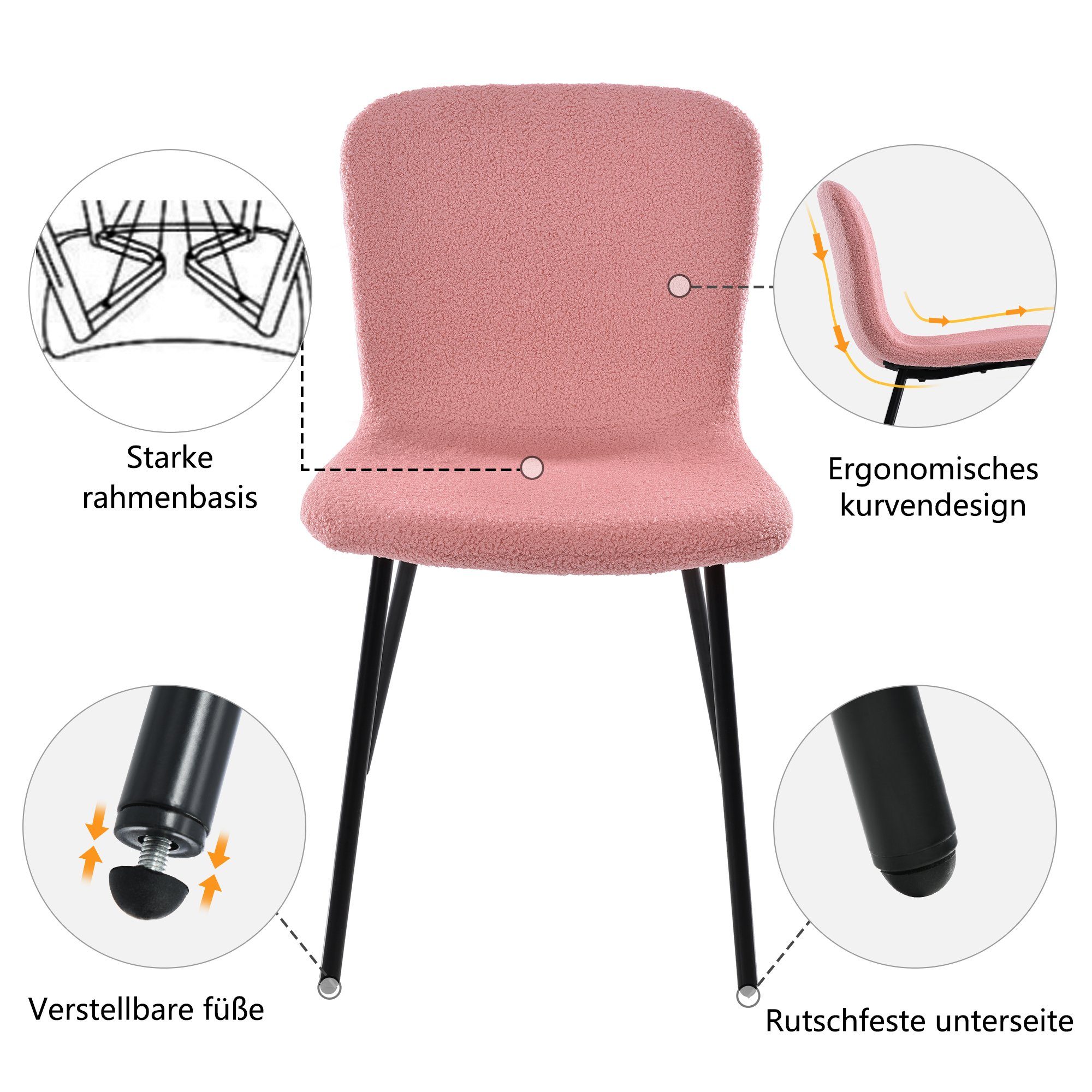 (4 mit Samt Metallbeinen Set Lamm Esszimmerstuhl rosa 4er St), Flieks Polsterstuhl