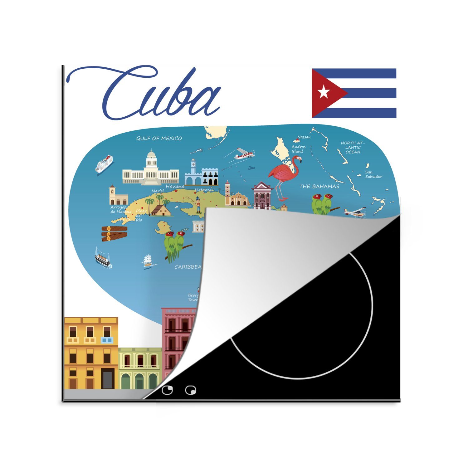 küche Illustration Vinyl, cm, mit verschiedenen (1 tlg), Herdblende-/Abdeckplatte einer Gebäuden, Ceranfeldabdeckung, 78x78 Arbeitsplatte Eine kubanischen für MuchoWow Karte
