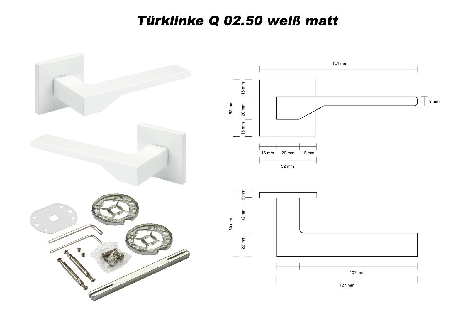 Q02 Drückergarnitur Türklinke Borelli Q02.50 WC Zimmer in 4 / - Farben Badezimmerschloss Badschloss Aluminium Hexim (Türklinke) matt, Bad Drehschloss Türgriff Ricardo weiß matt