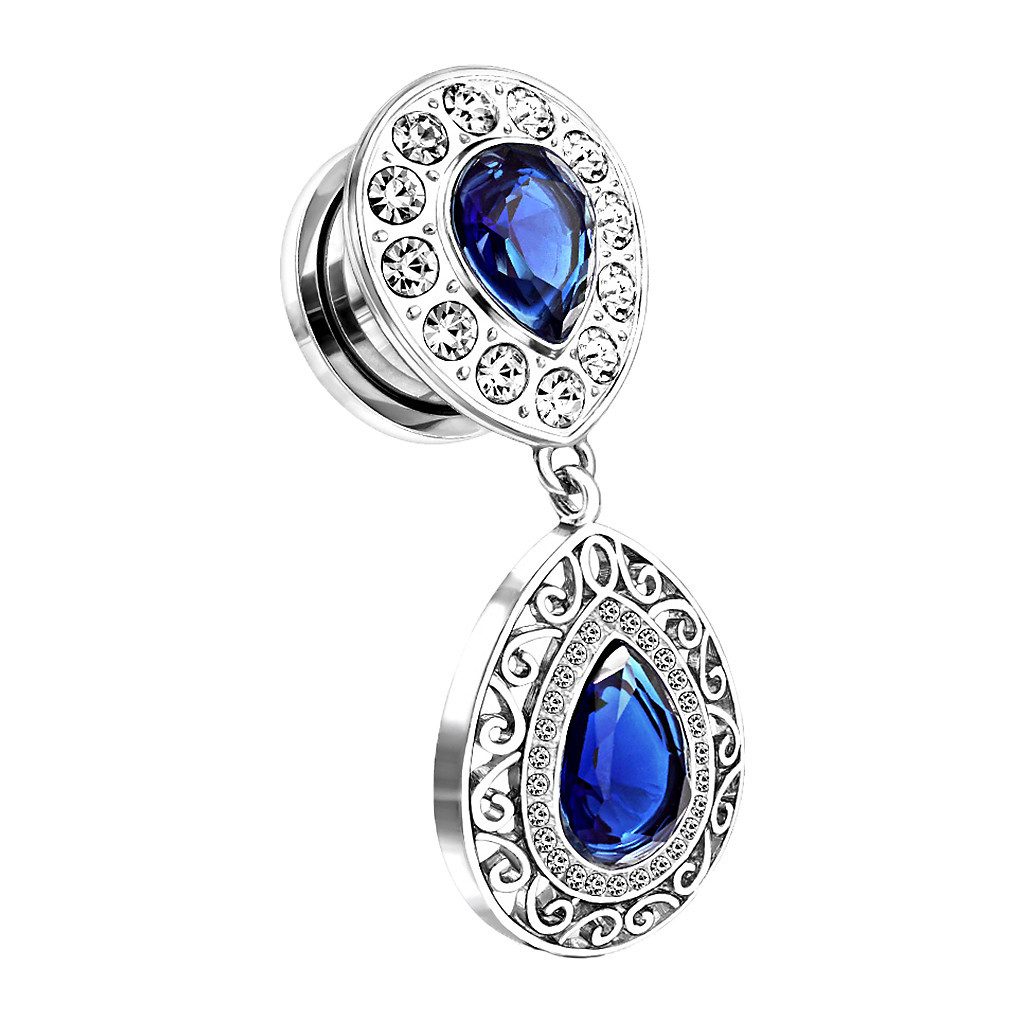 Taffstyle Plug Flesh Ohr Tunnel mit blauem Zirkonia Tropfen Kristall Anhäng günstig online kaufen